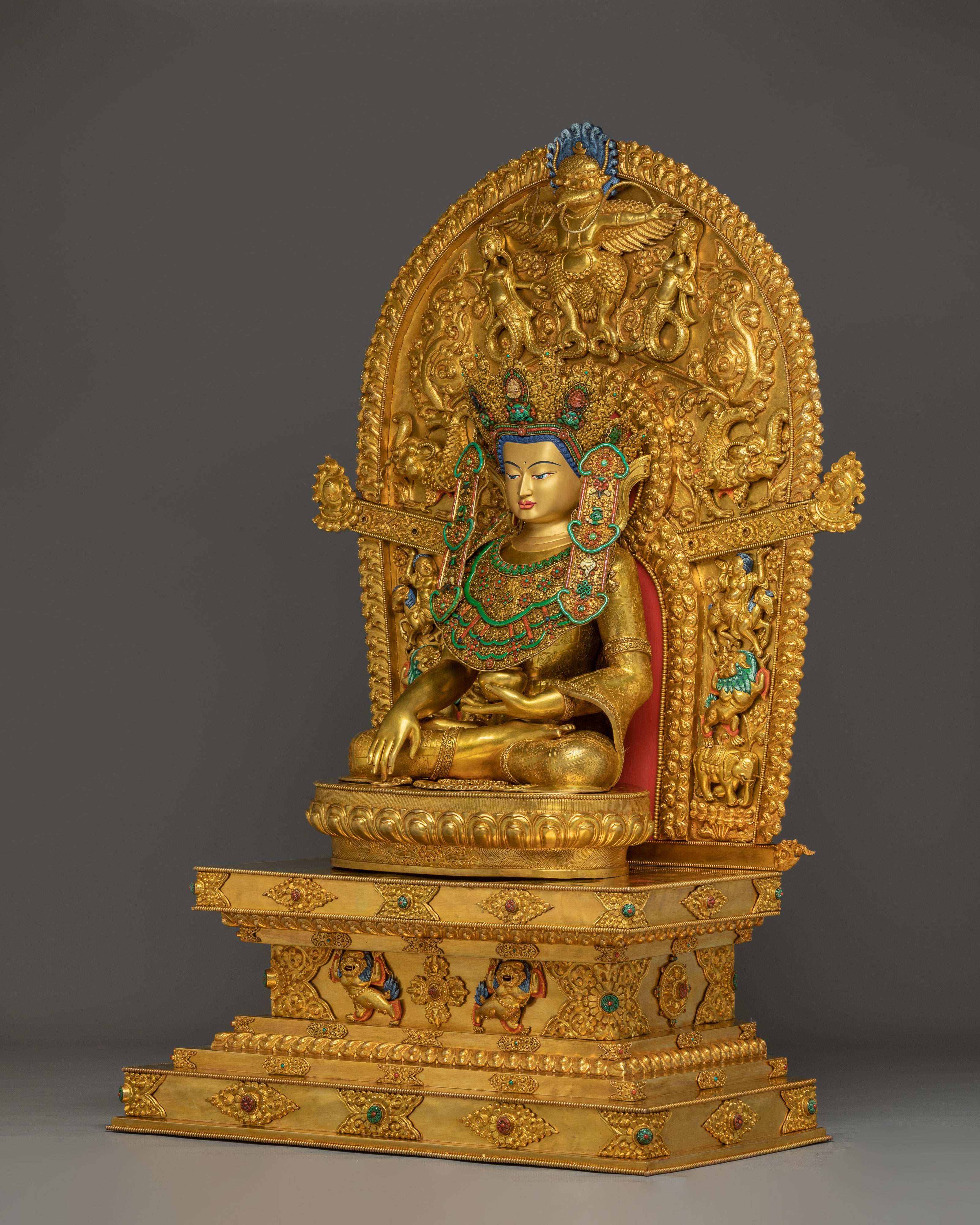 Crown shakyamuni Buddha with Throne | Handcarved Gemstones and Gold Detailing