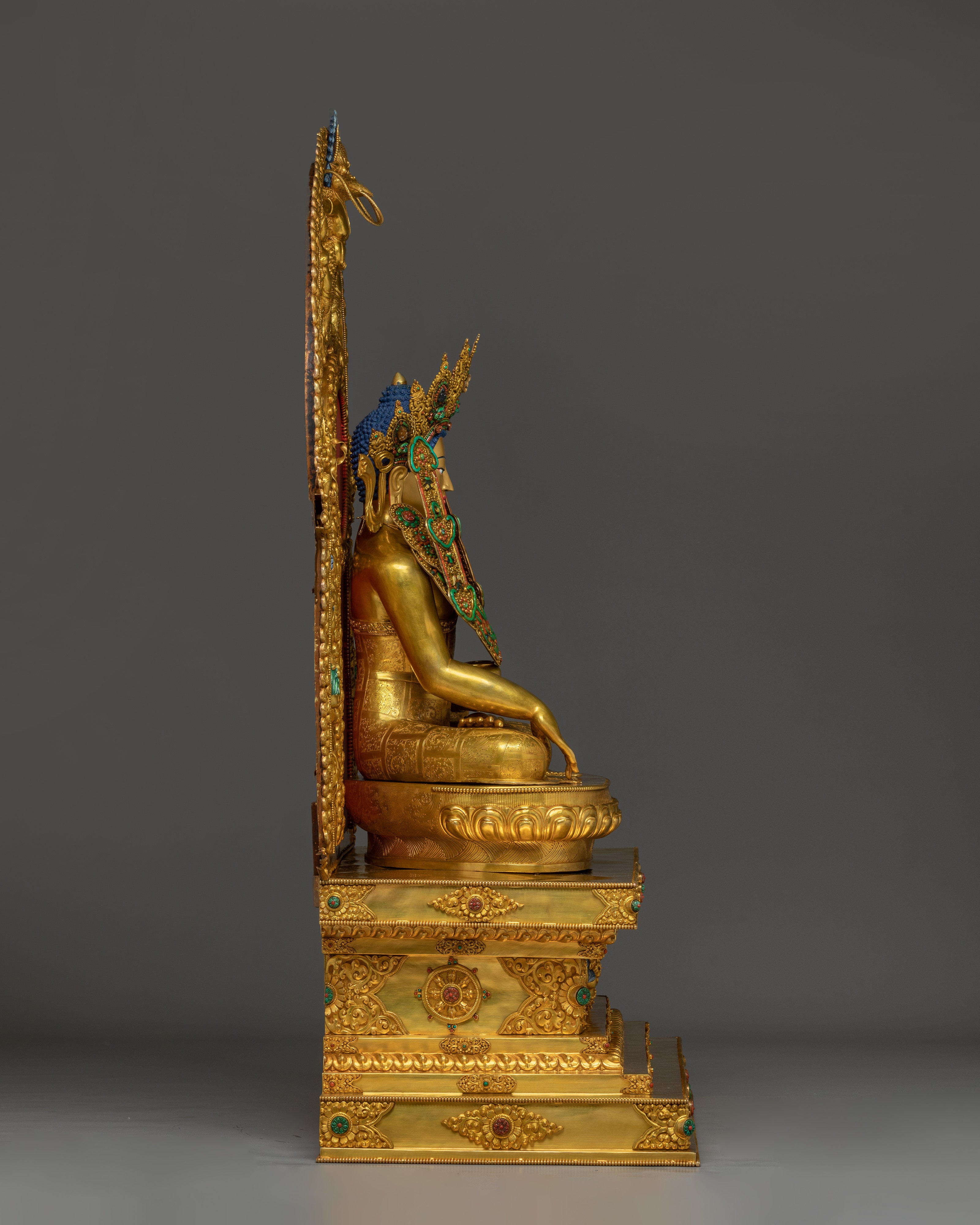 Crown shakyamuni Buddha with Throne | Handcarved Gemstones and Gold Detailing