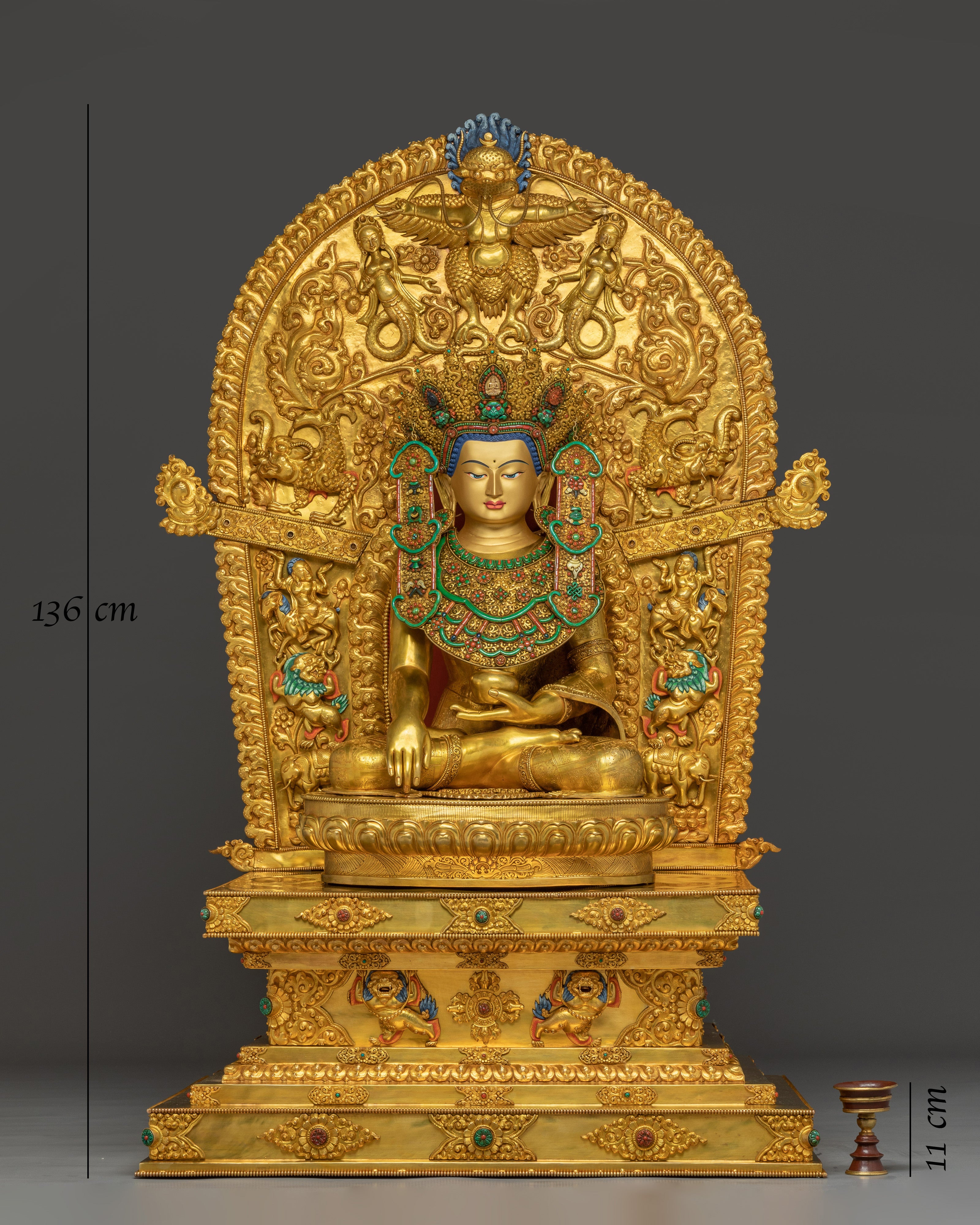 Crown shakyamuni Buddha with Throne | Handcarved Gemstones and Gold Detailing