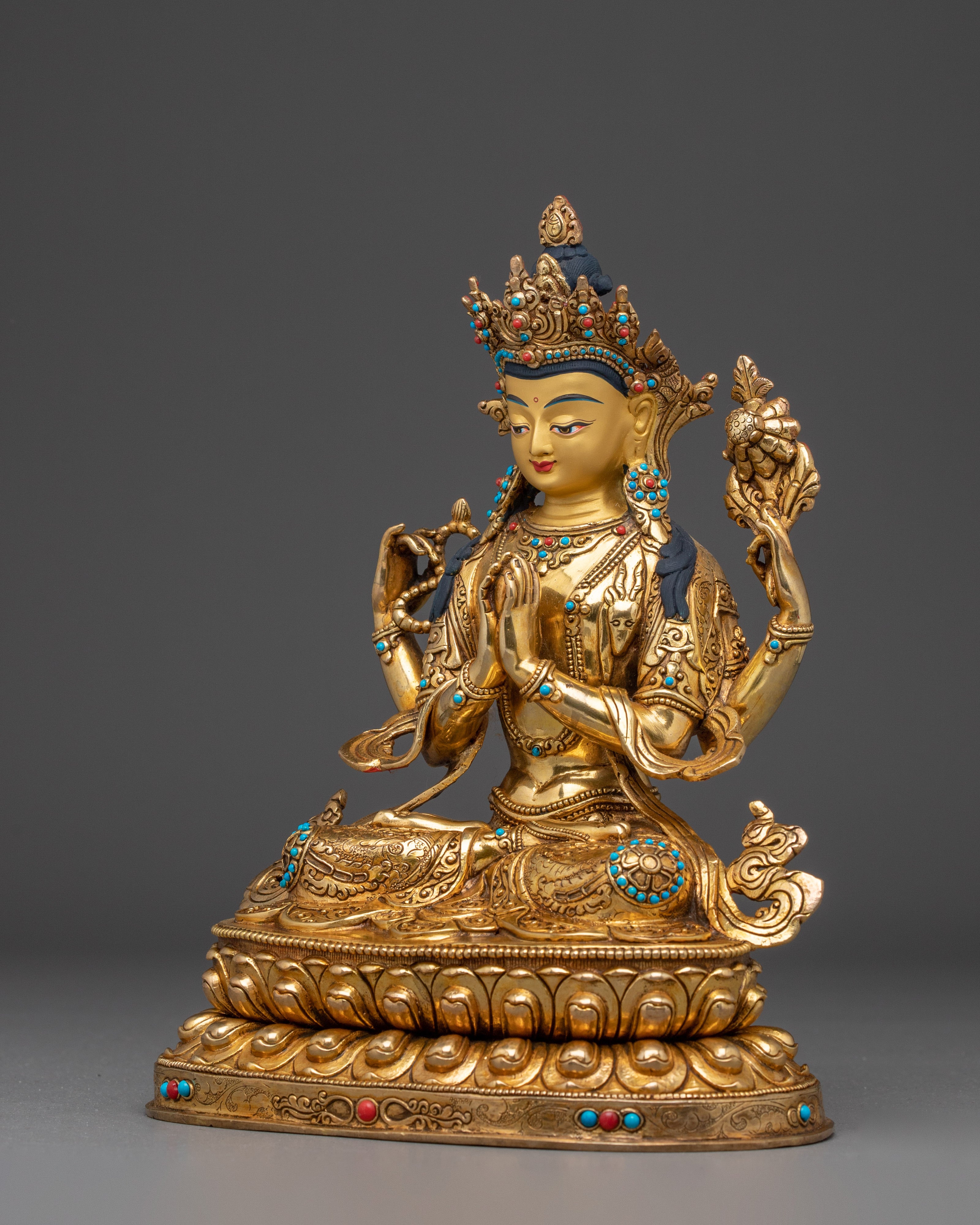 Handcrafted Chenrezig Golden Copper Art | Meditation and Spiritual Decor