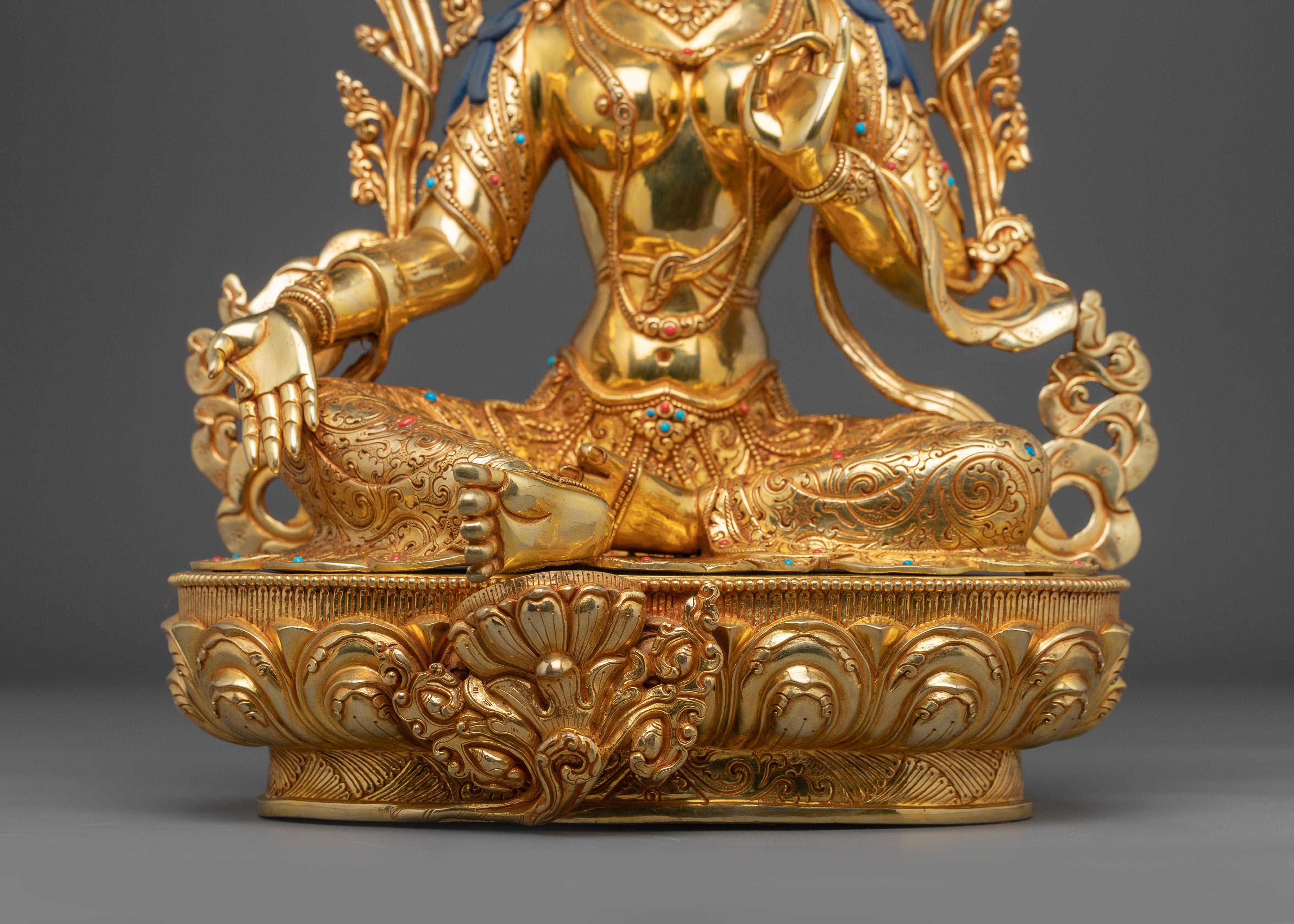 Green Tara Goddess of Compassion for Altar | Gold Gilded Buddhist Deity with Gemstones