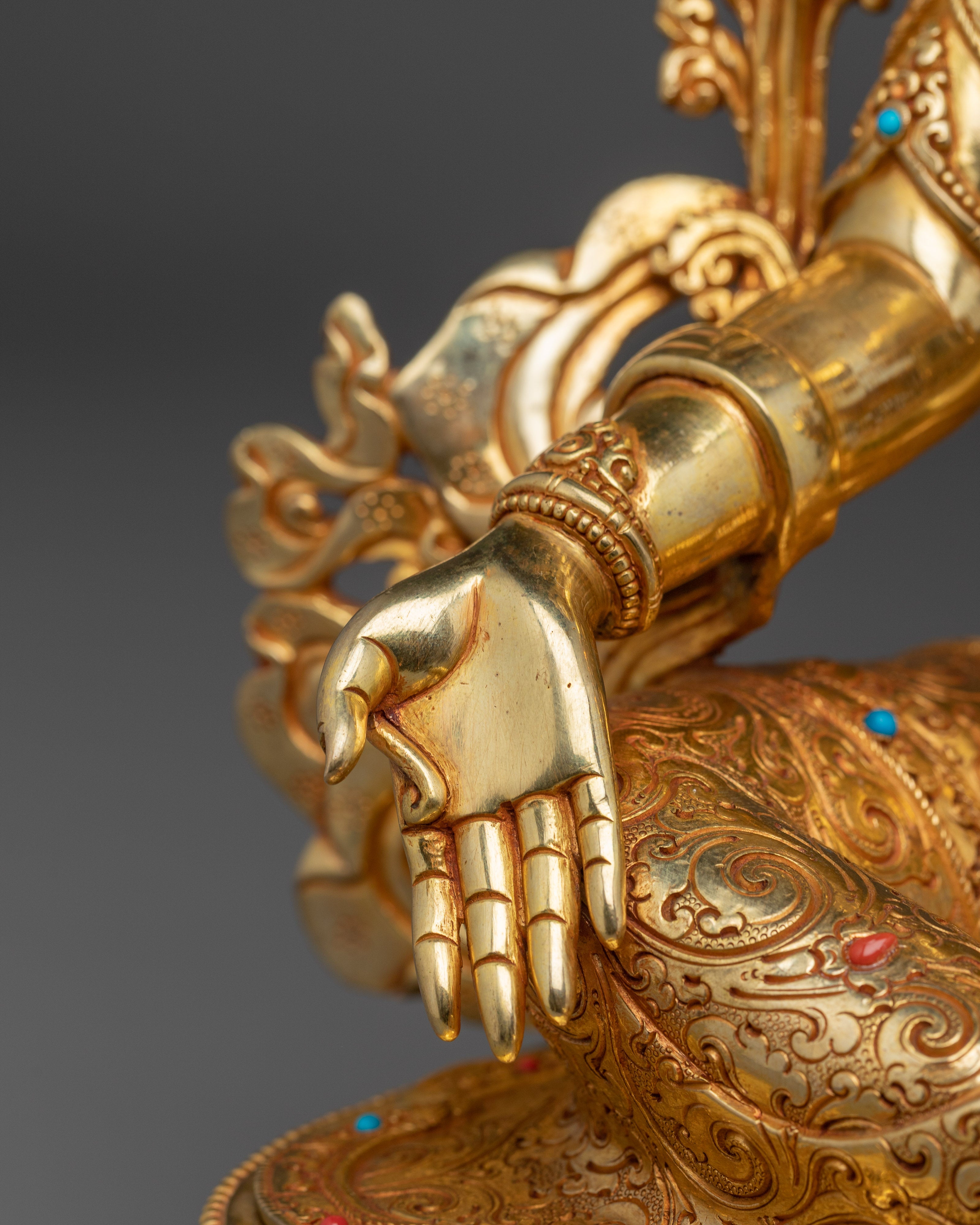 Green Tara Goddess of Compassion for Altar | Gold Gilded Buddhist Deity with Gemstones