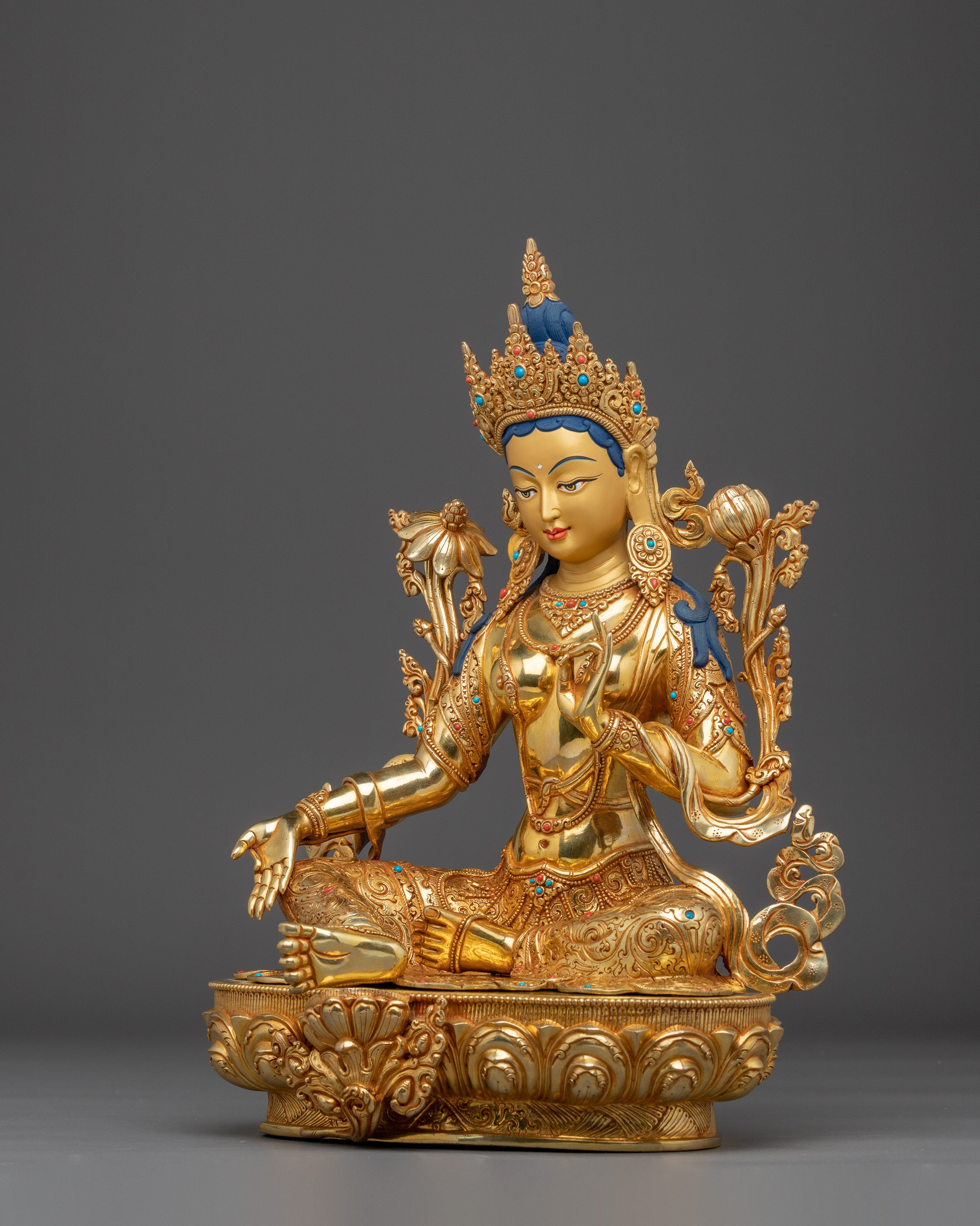 Green Tara Goddess of Compassion for Altar | Gold Gilded Buddhist Deity with Gemstones