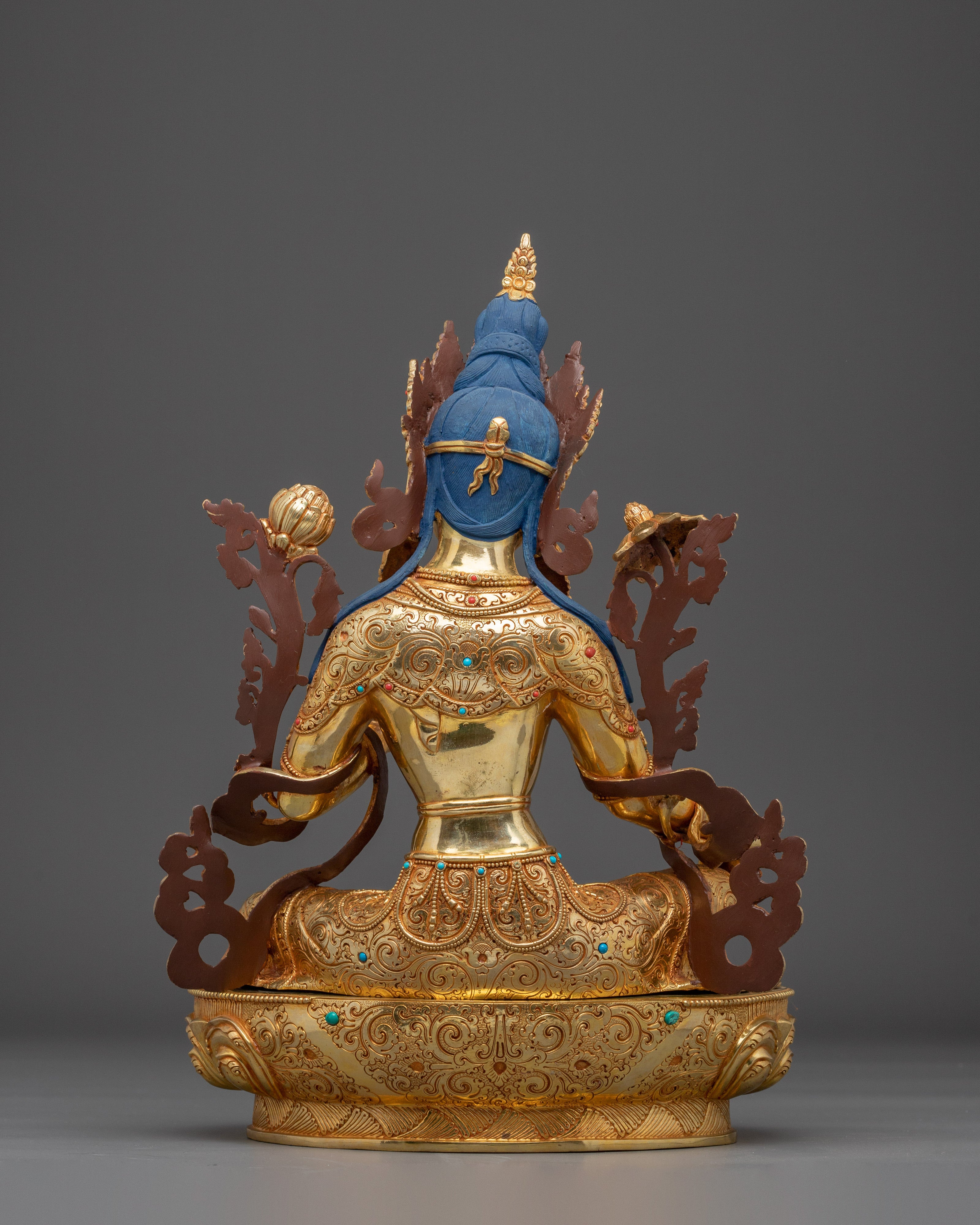 Green Tara Goddess of Compassion for Altar | Gold Gilded Buddhist Deity with Gemstones