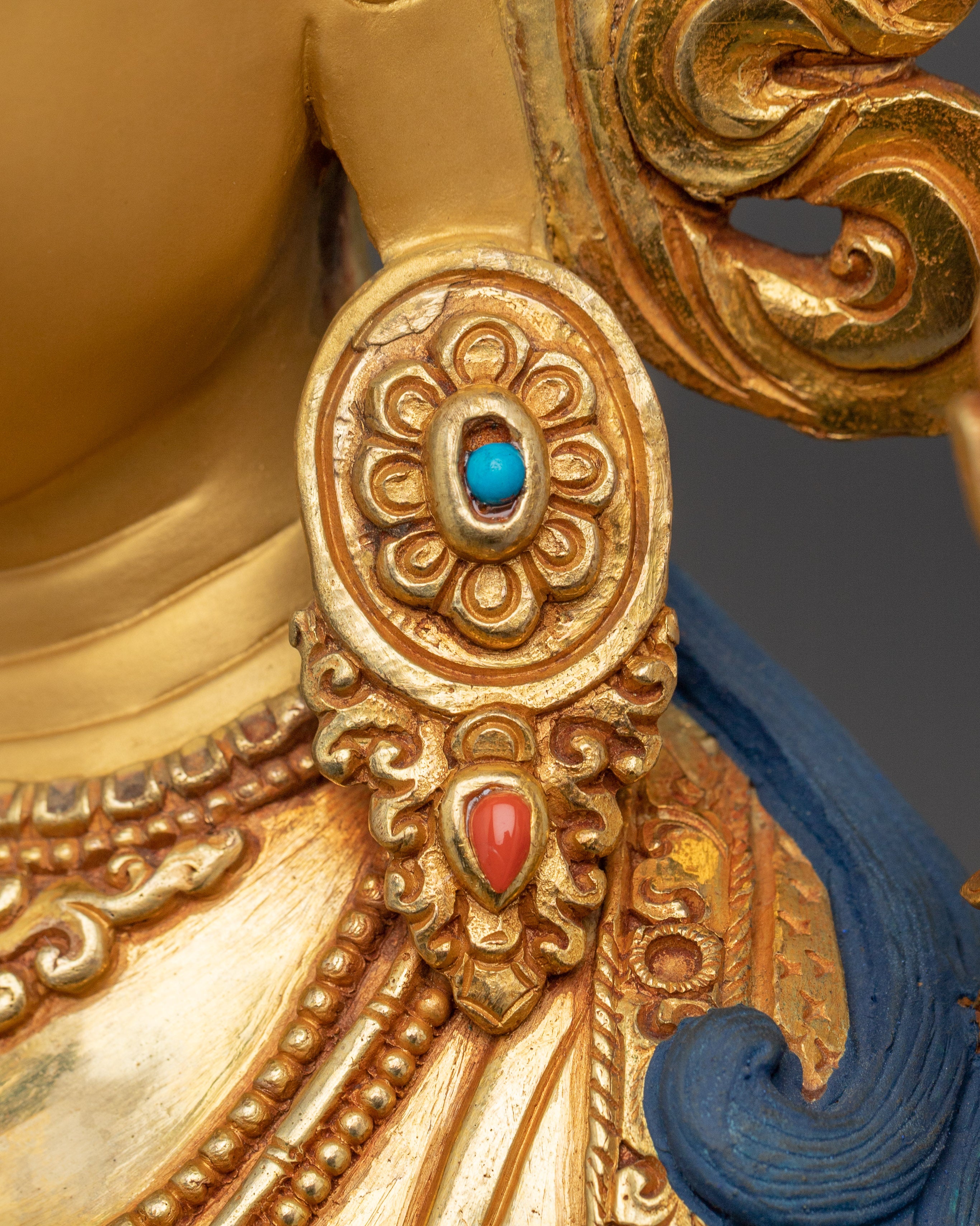 Green Tara Goddess of Compassion for Altar | Gold Gilded Buddhist Deity with Gemstones