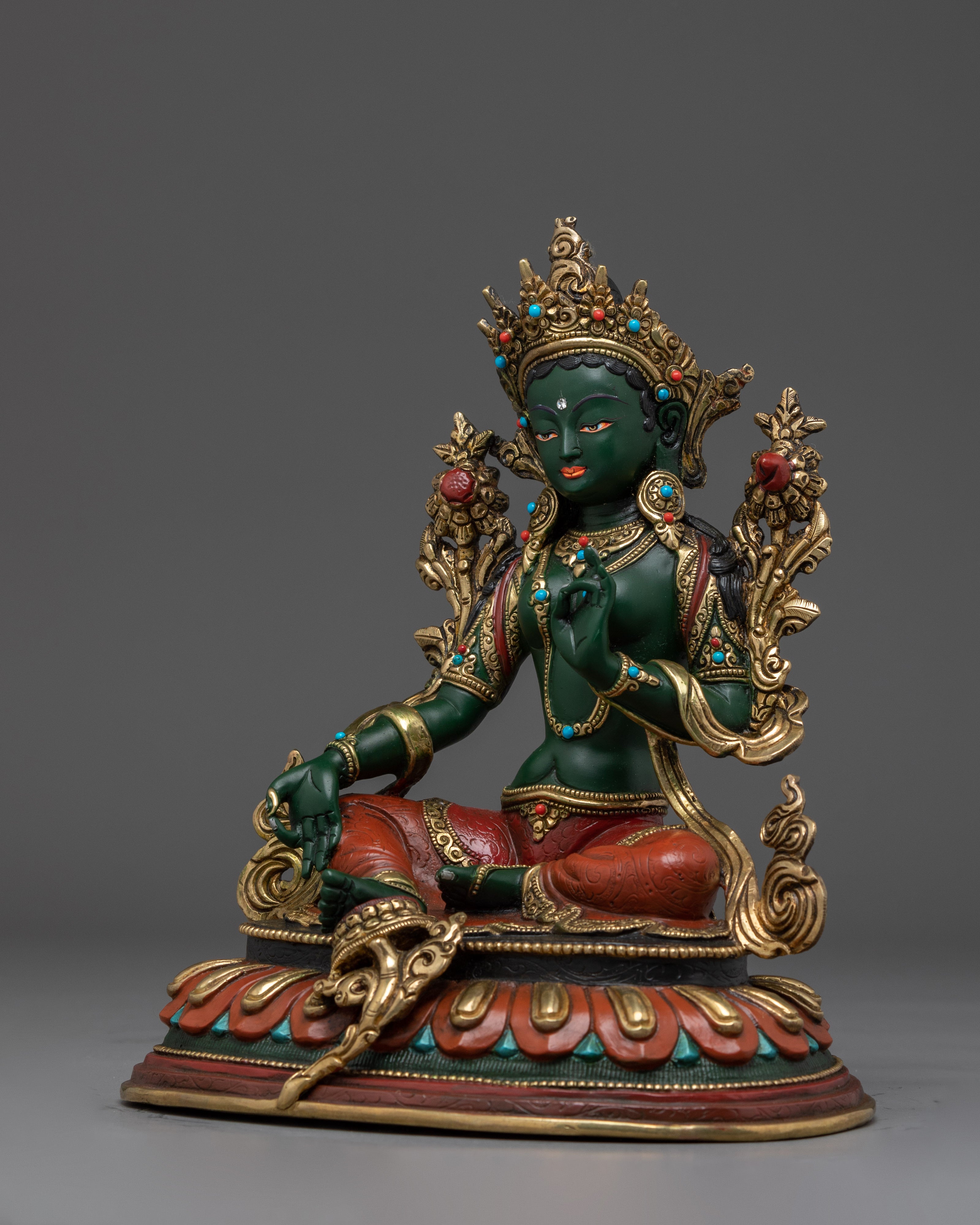 Colorful Green Tara, Compassion Deity Art | Himalayan Buddhist Statue