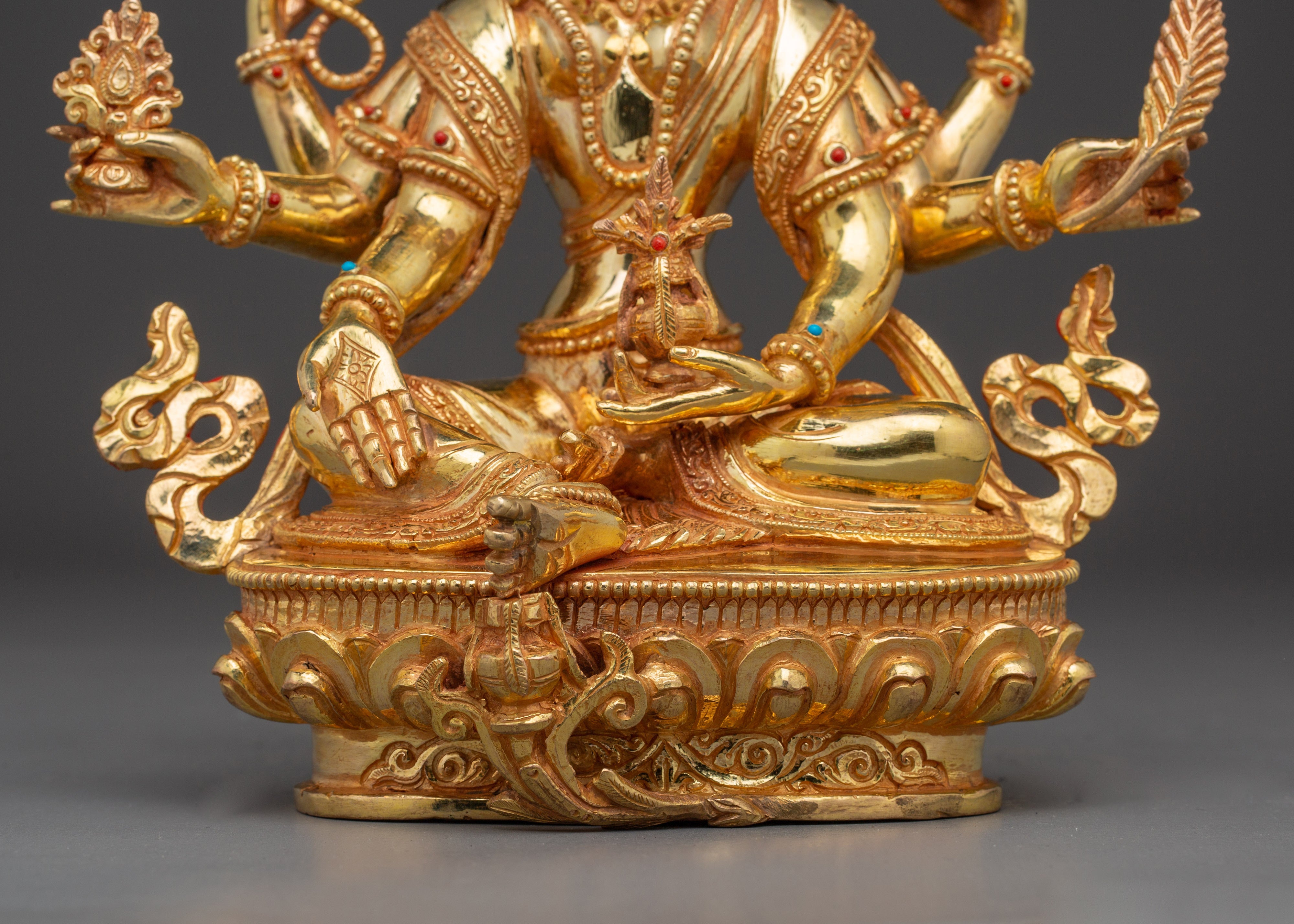 Gold-Gilded Vasudhara Statue with Gemstones | Buddhist Wealth Deity Statue for Spiritual Decor