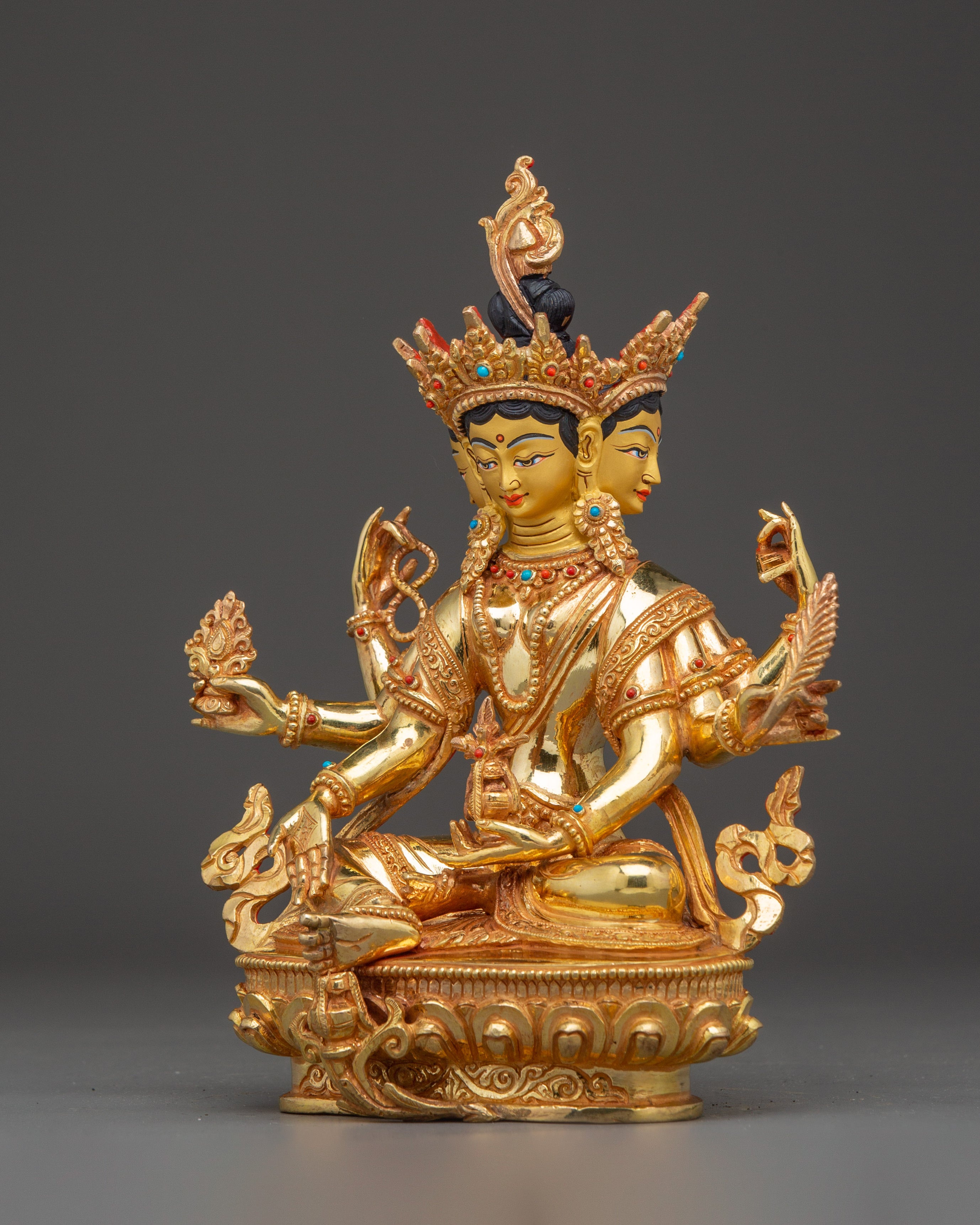 Gold-Gilded Vasudhara Statue with Gemstones | Buddhist Wealth Deity Statue for Spiritual Decor