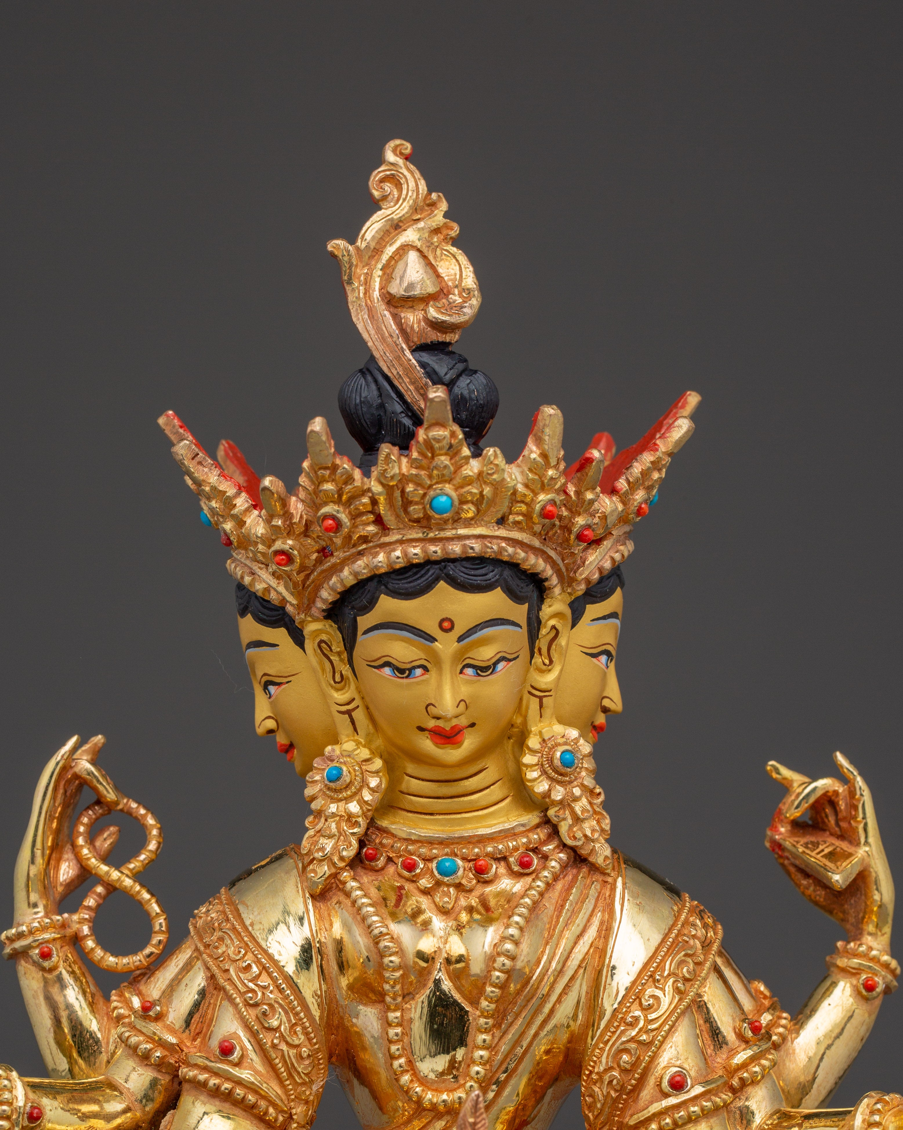 Gold-Gilded Vasudhara Statue with Gemstones | Buddhist Wealth Deity Statue for Spiritual Decor