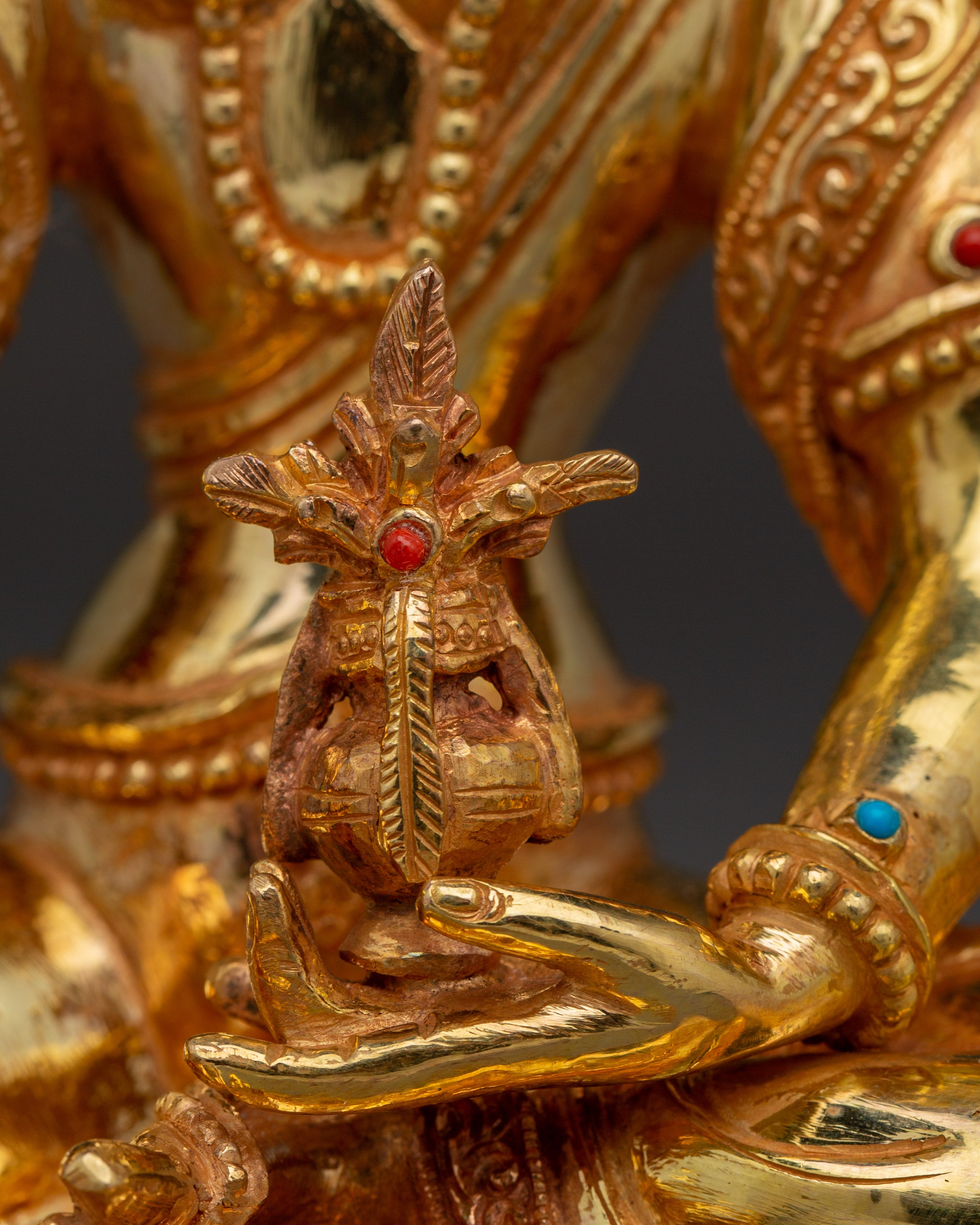 Gold-Gilded Vasudhara Statue with Gemstones | Buddhist Wealth Deity Statue for Spiritual Decor