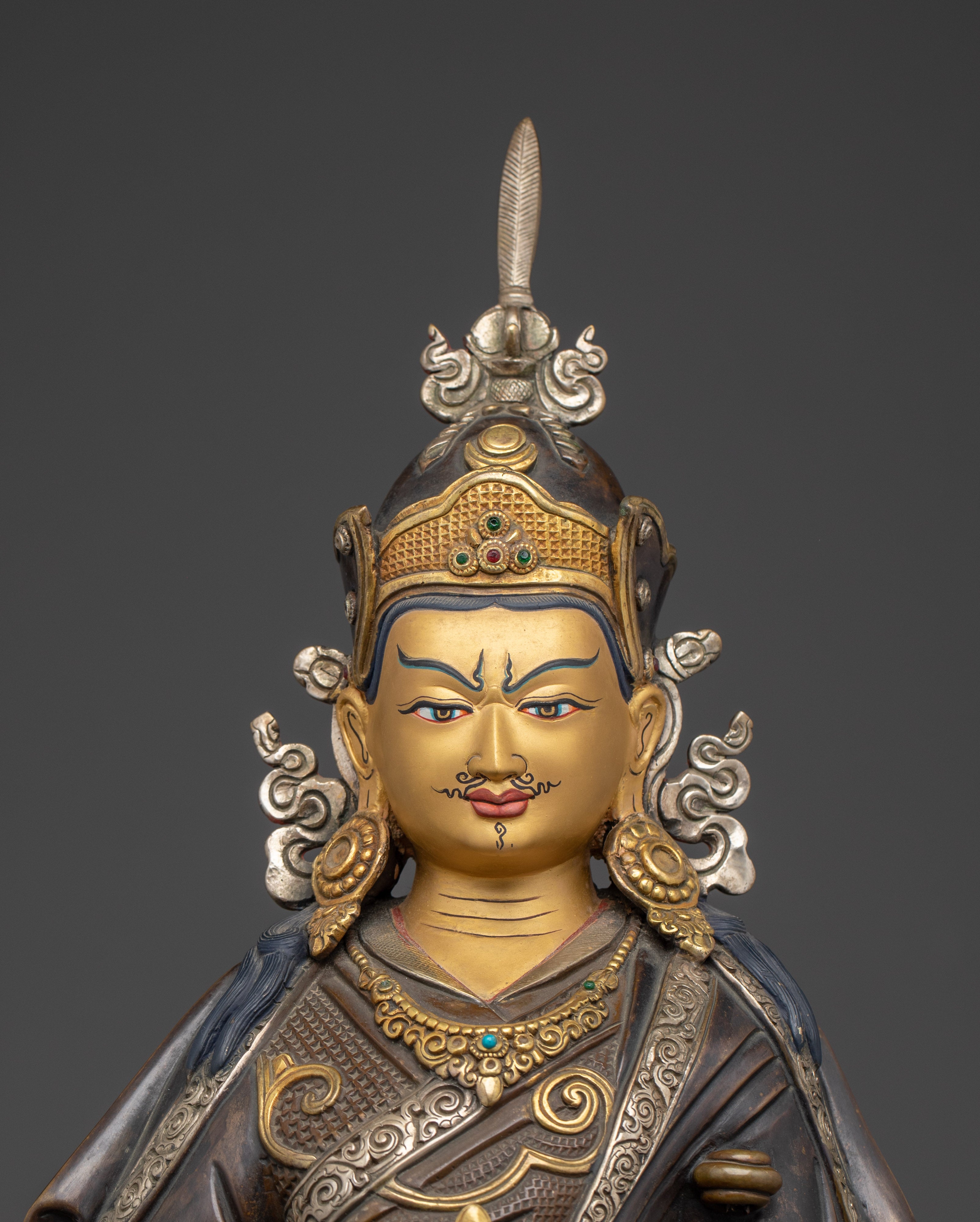 Guru Rinpoche Statue in Oxidized Copper | Silver-Plated Padmasambhava Deity