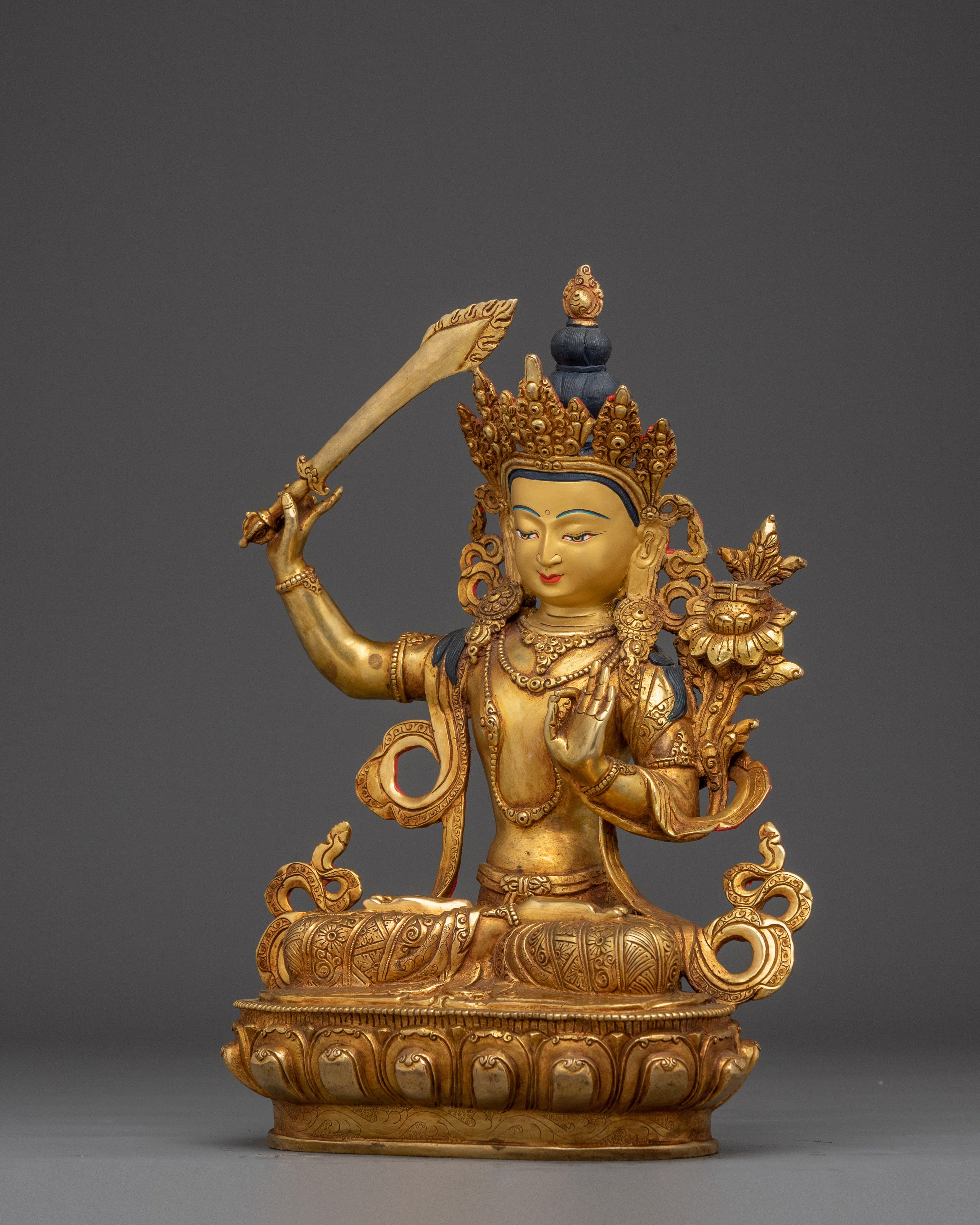 Manjushri Statue in 24K Gold Gilding | Wisdom and Spiritual Decor