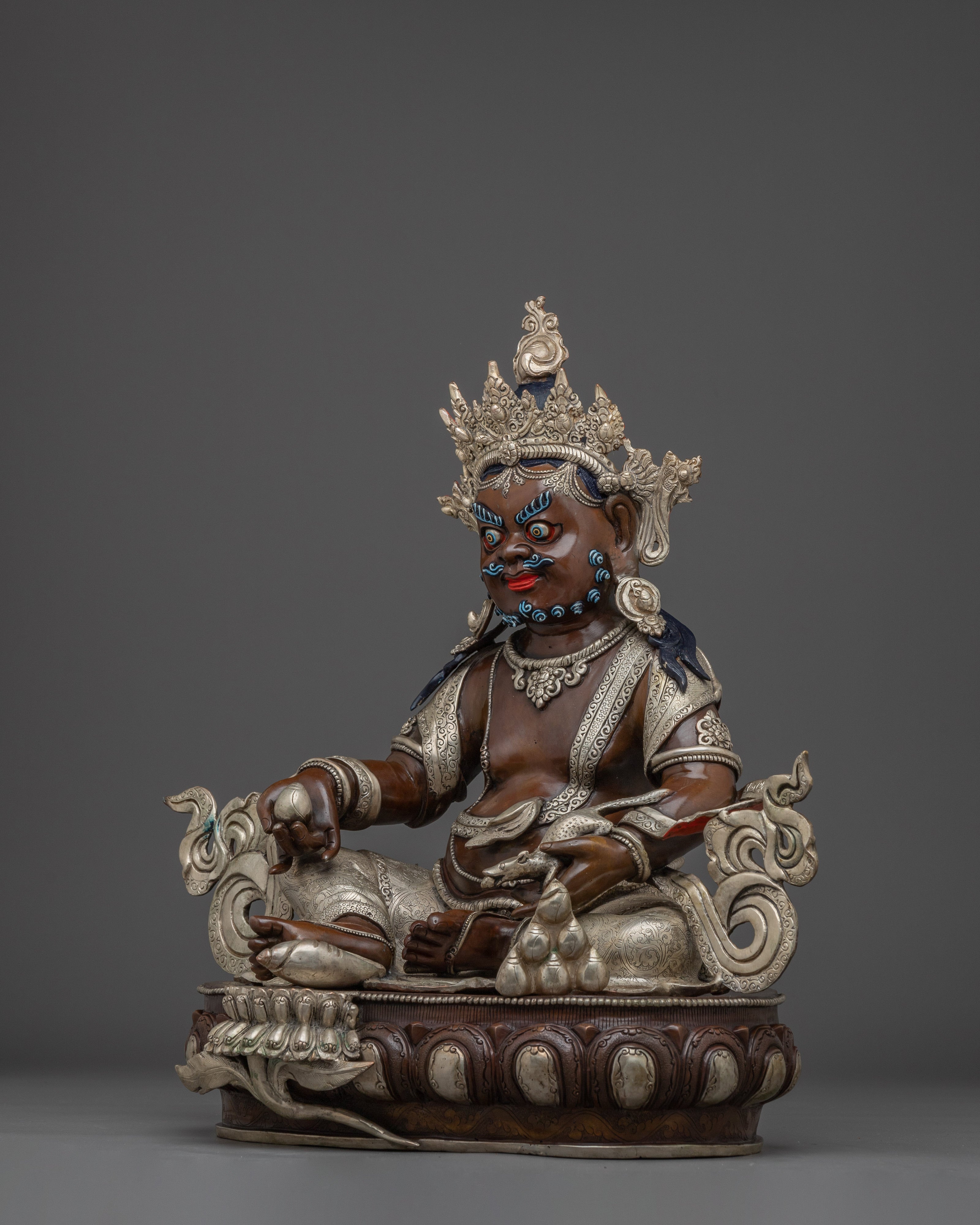 Dzambhala Statue with Silver-Plated | Protection Sculpture for Wealth and Prosperity