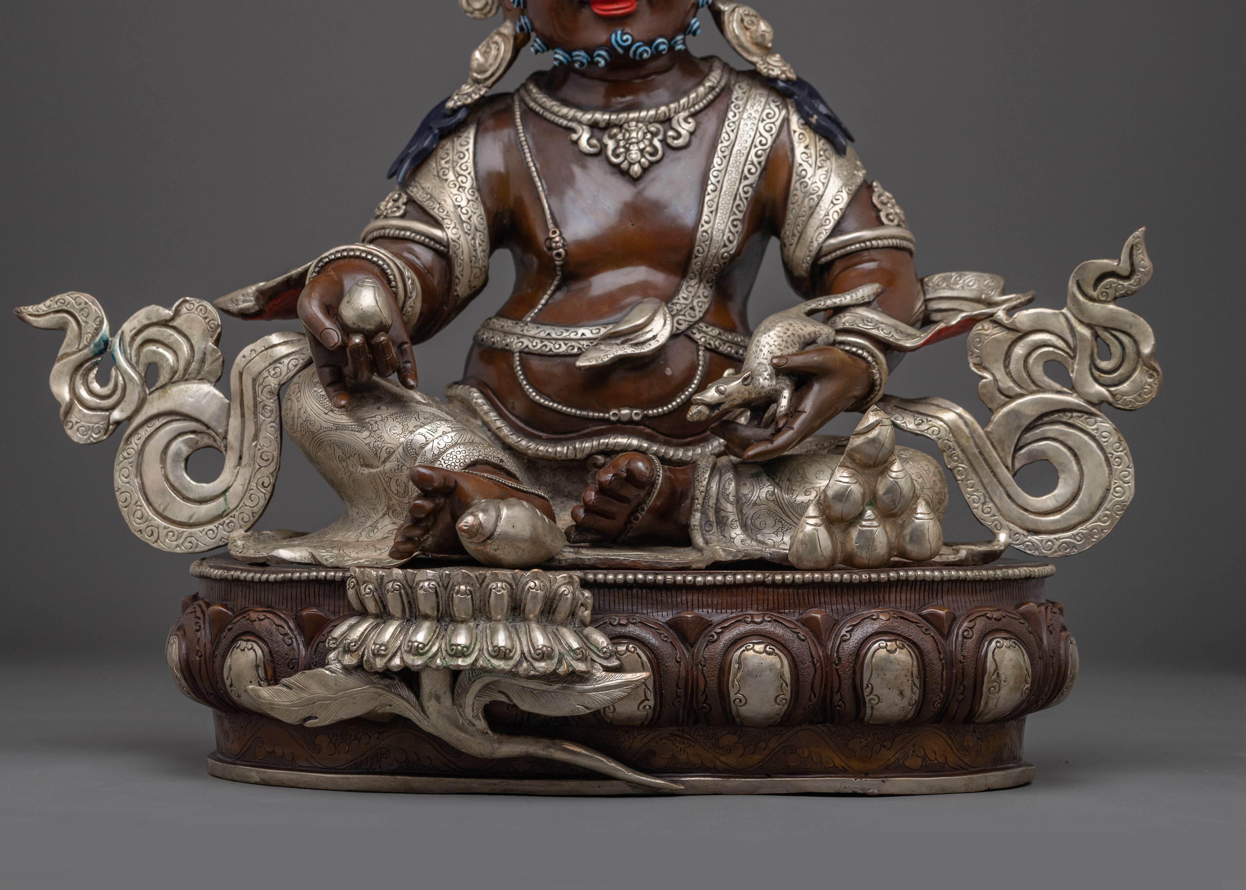 Dzambhala Statue with Silver-Plated | Protection Sculpture for Wealth and Prosperity