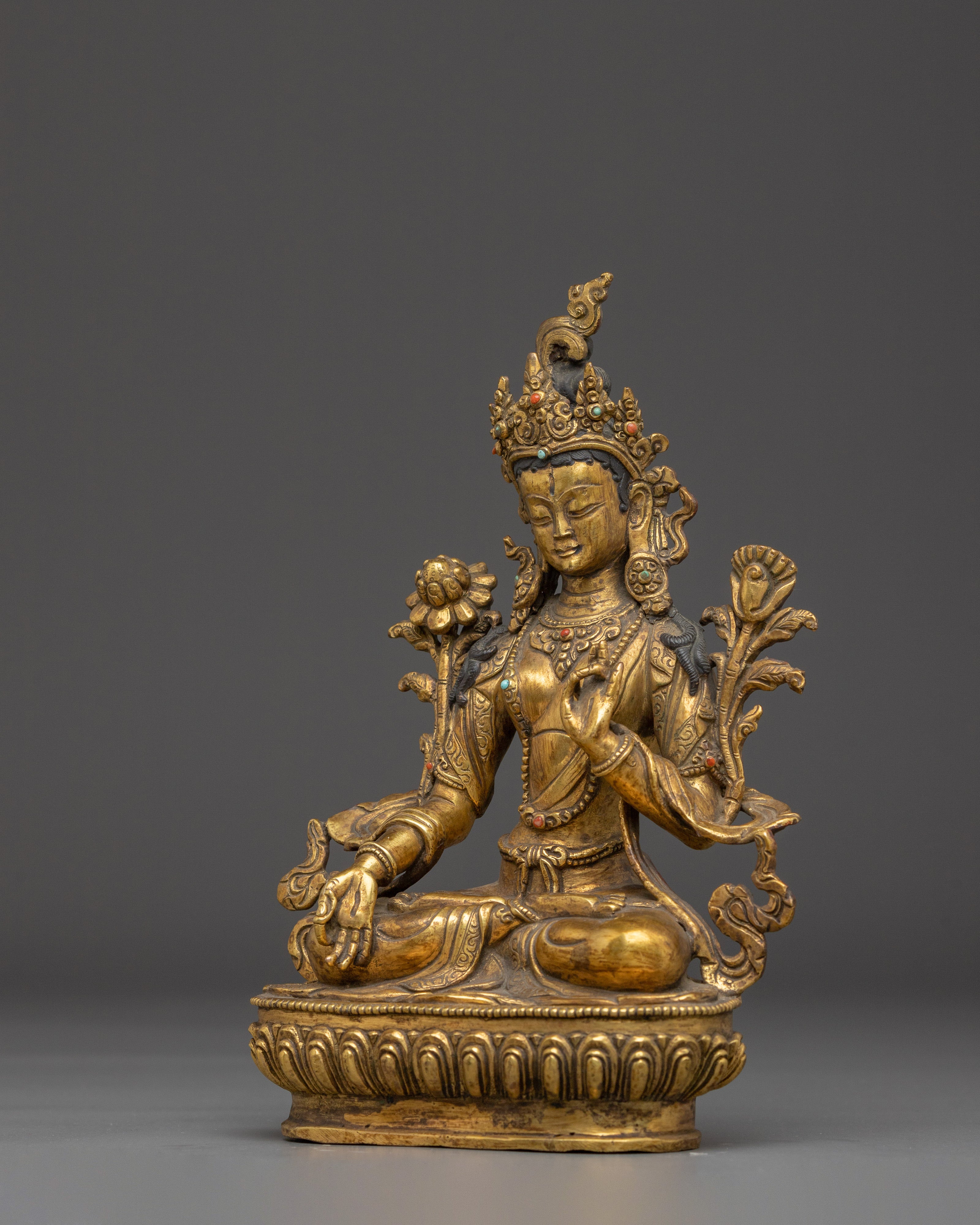 Peaceful Golden White Tara Statue in Copper | Symbol of Compassion and Longevity