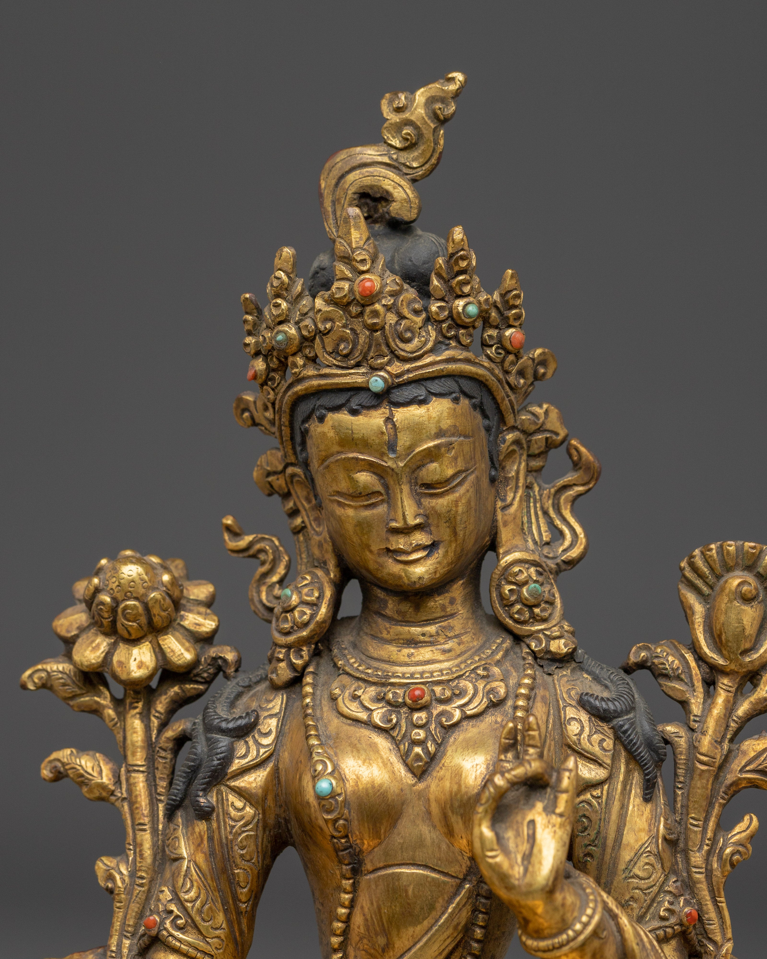Peaceful Golden White Tara Statue in Copper | Symbol of Compassion and Longevity