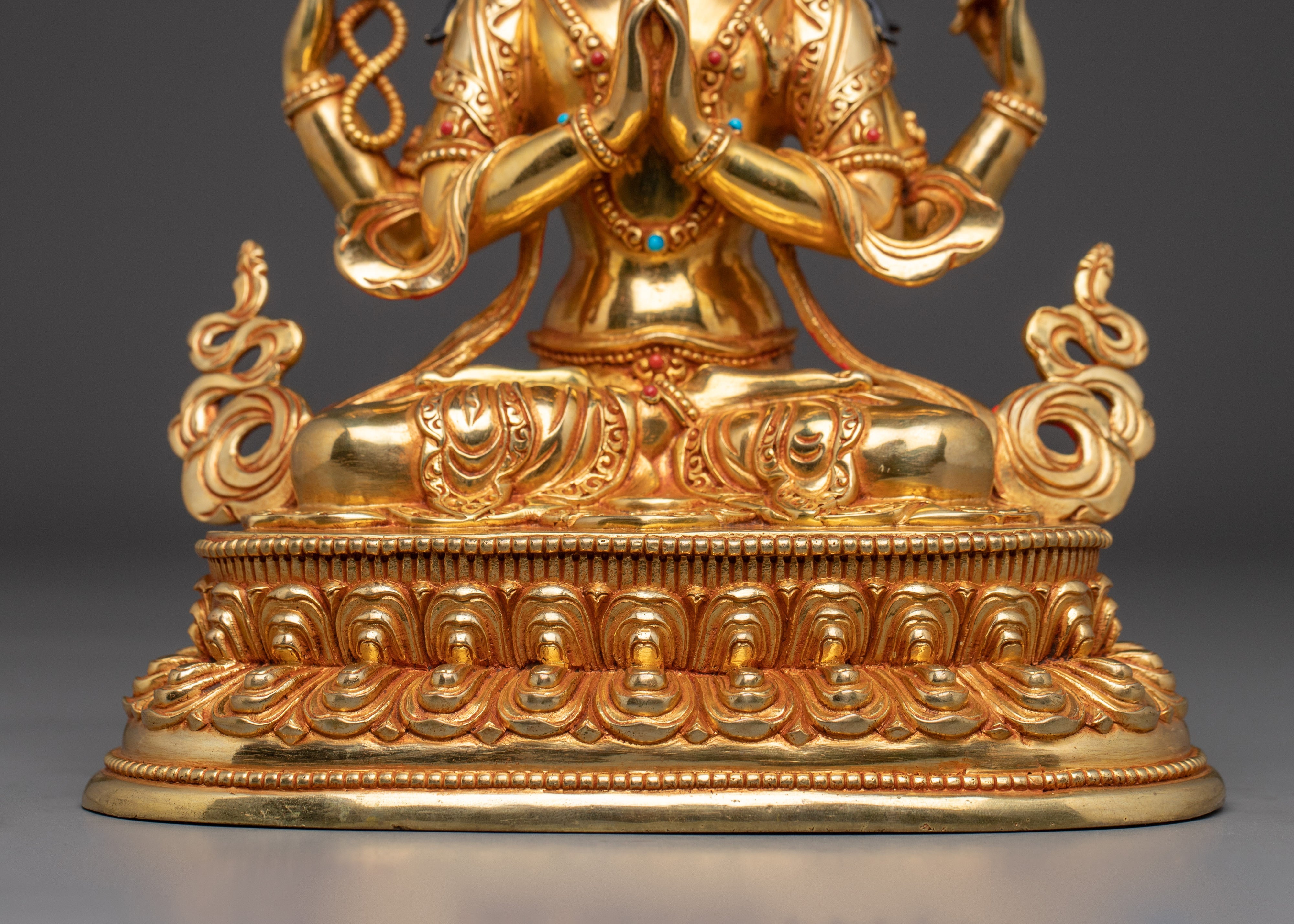 Tibetan Compassion Deity Chenrezig | Gold-Gilded Peaceful  Sculpture
