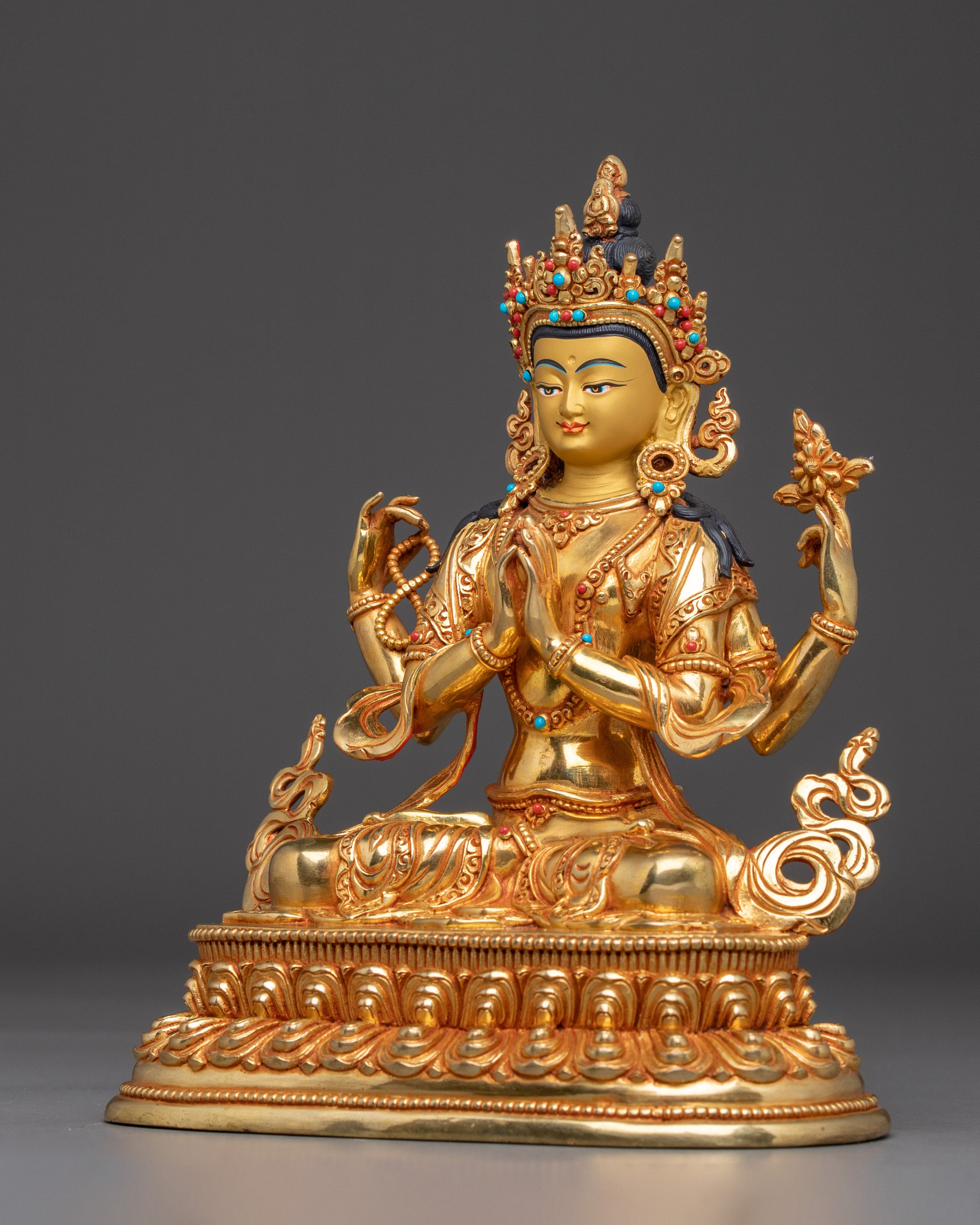 Tibetan Compassion Deity Chenrezig | Gold-Gilded Peaceful  Sculpture