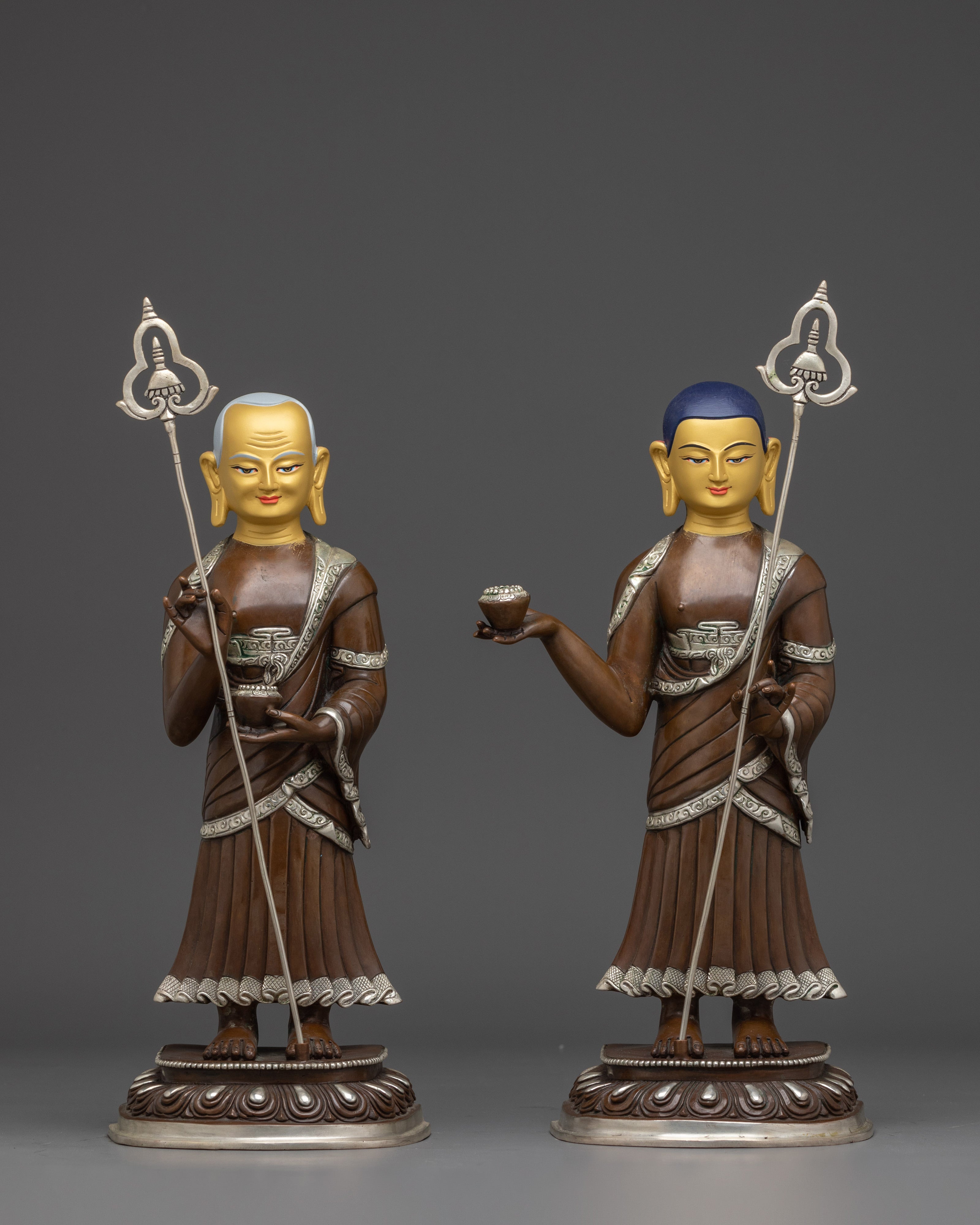 Shakyamuni Buddha with Disciples Statue Set | Copper with Gemstone & Silver Finish