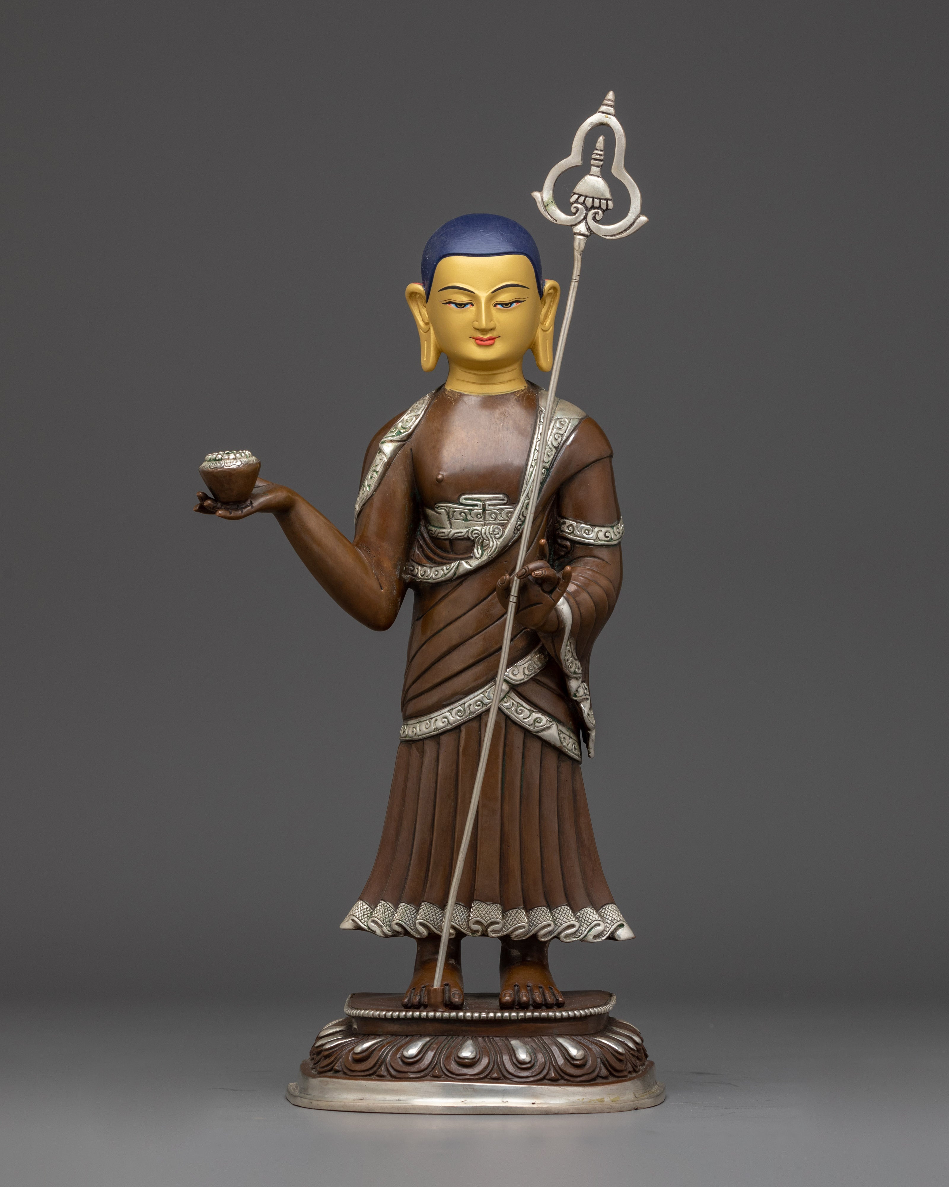 Shakyamuni Buddha with Disciples Statue Set | Copper with Gemstone & Silver Finish