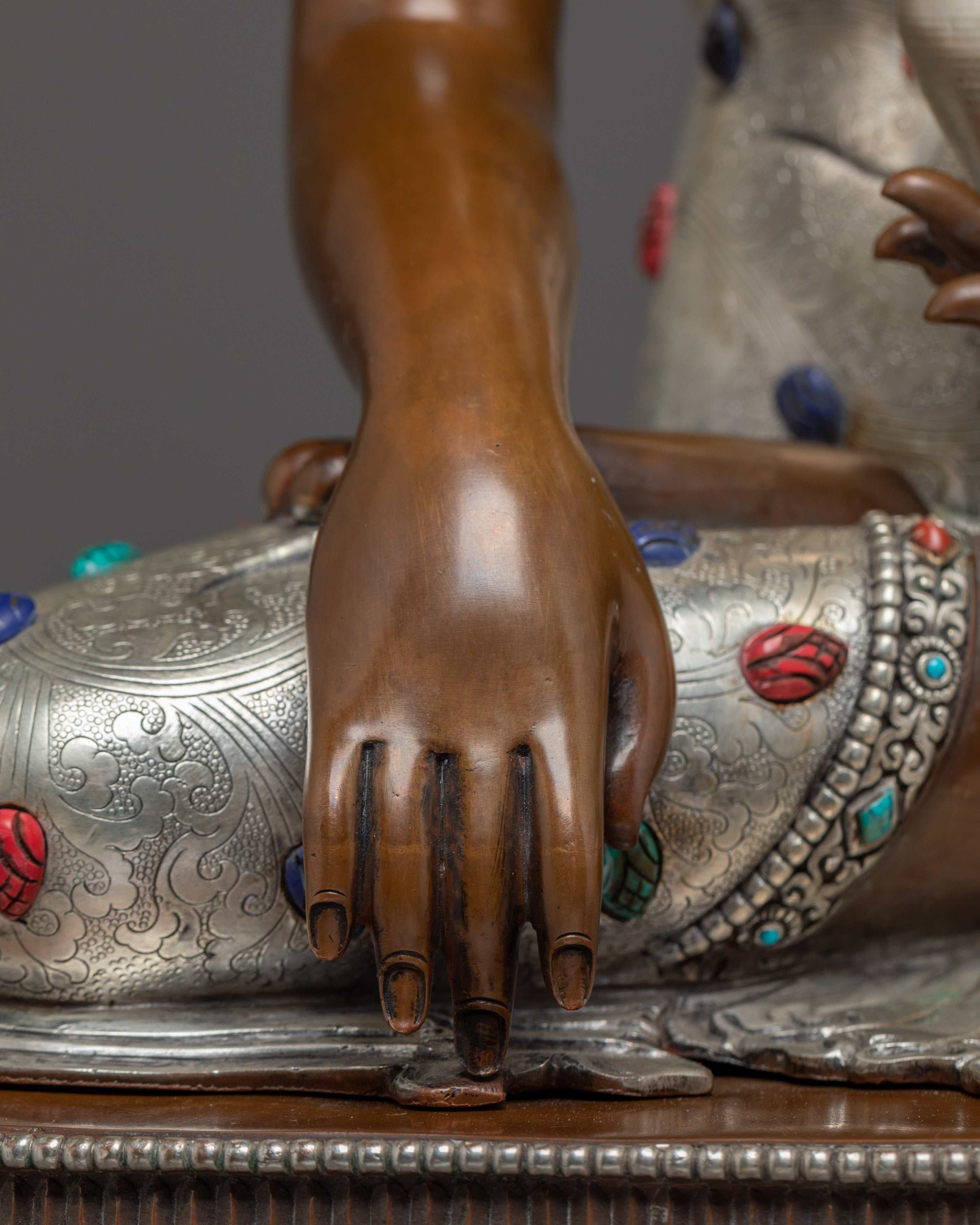 Shakyamuni Buddha with Disciples Statue Set | Copper with Gemstone & Silver Finish