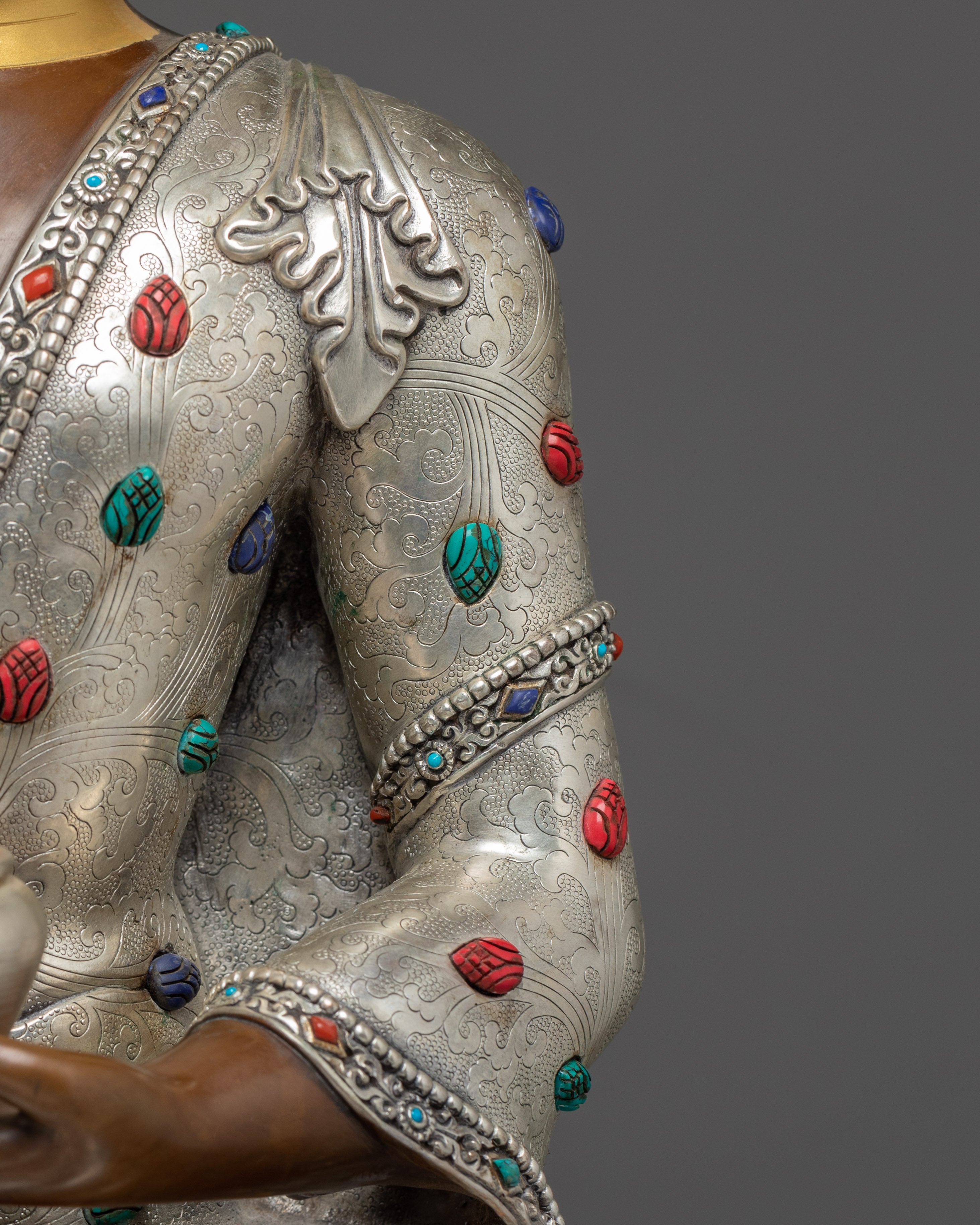 Shakyamuni Buddha Statue Seated on a Throne | Silver Plated, & Gemstone Detailing