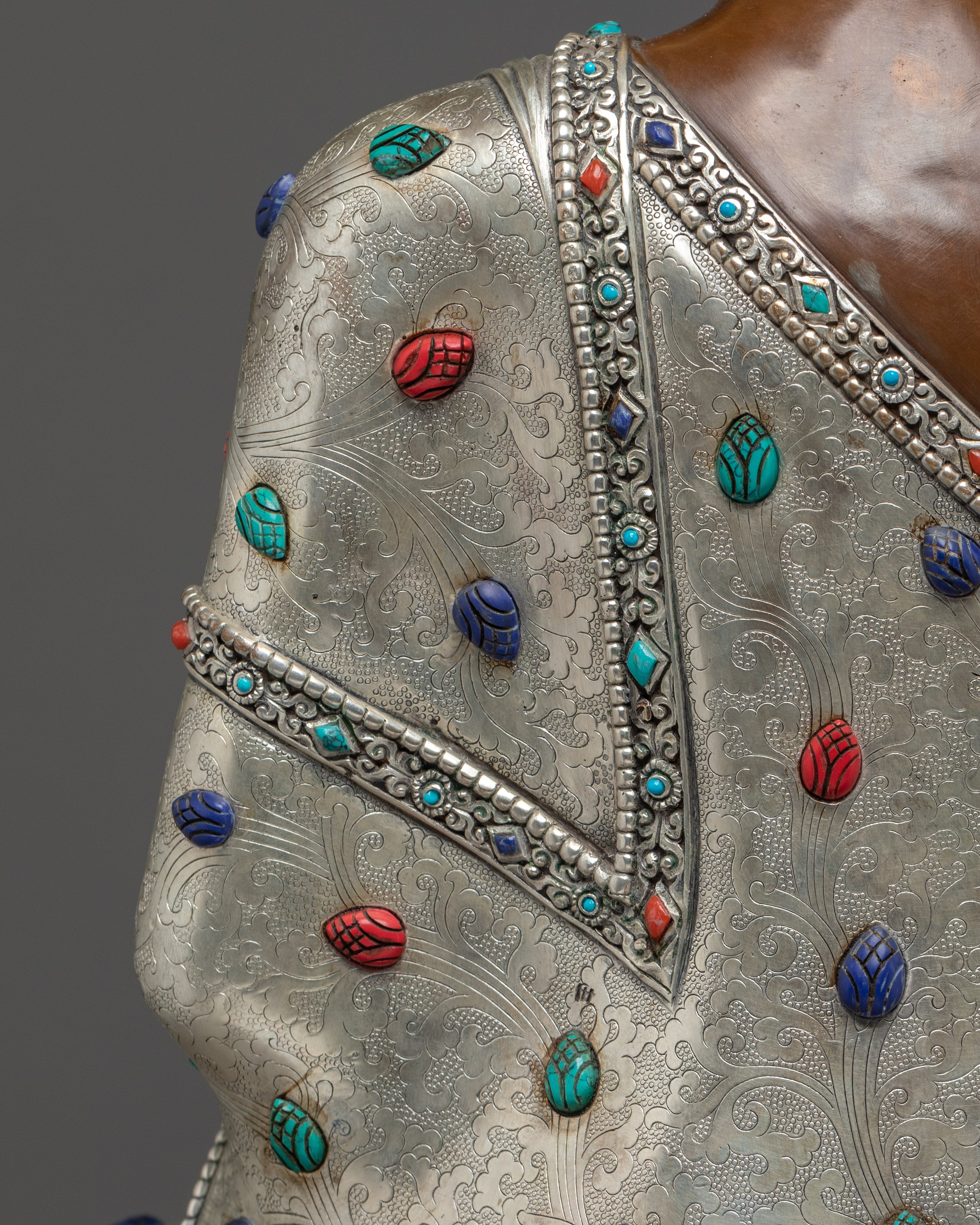 Shakyamuni Buddha Statue Seated on a Throne | Silver Plated, & Gemstone Detailing