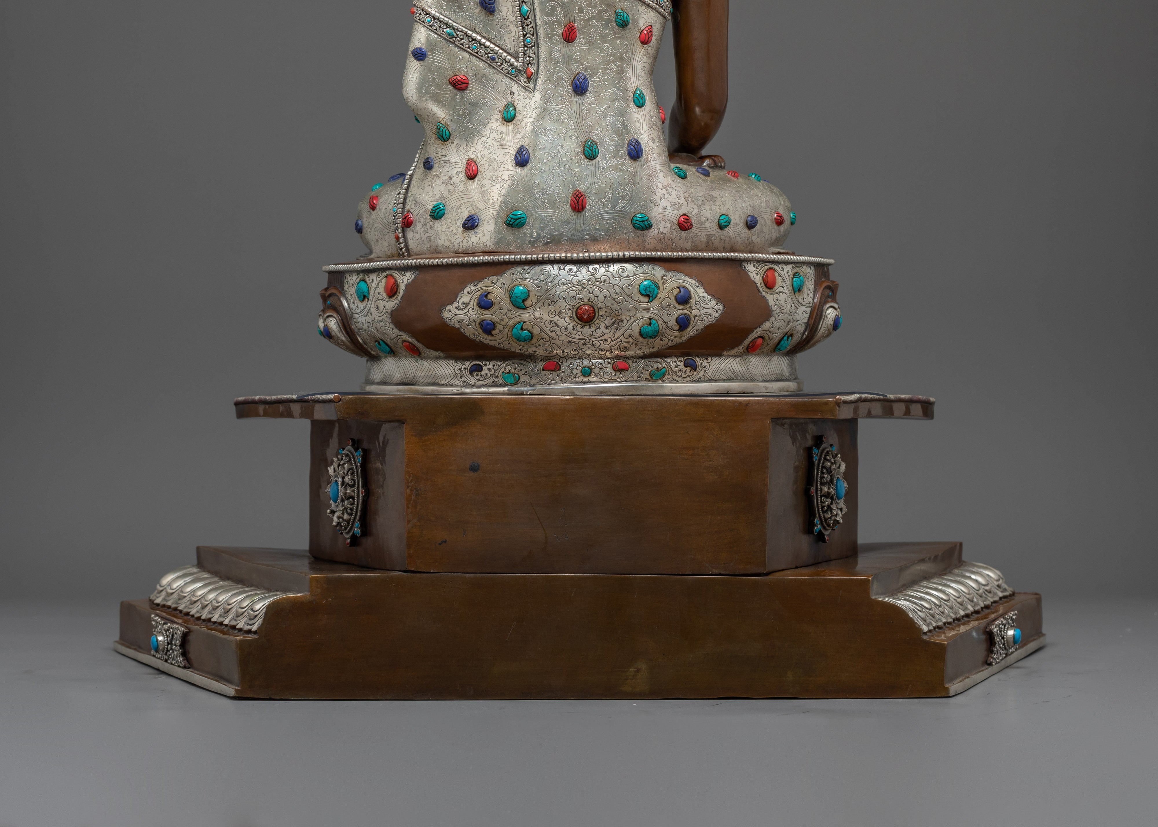 Shakyamuni Buddha Statue Seated on a Throne | Silver Plated, & Gemstone Detailing