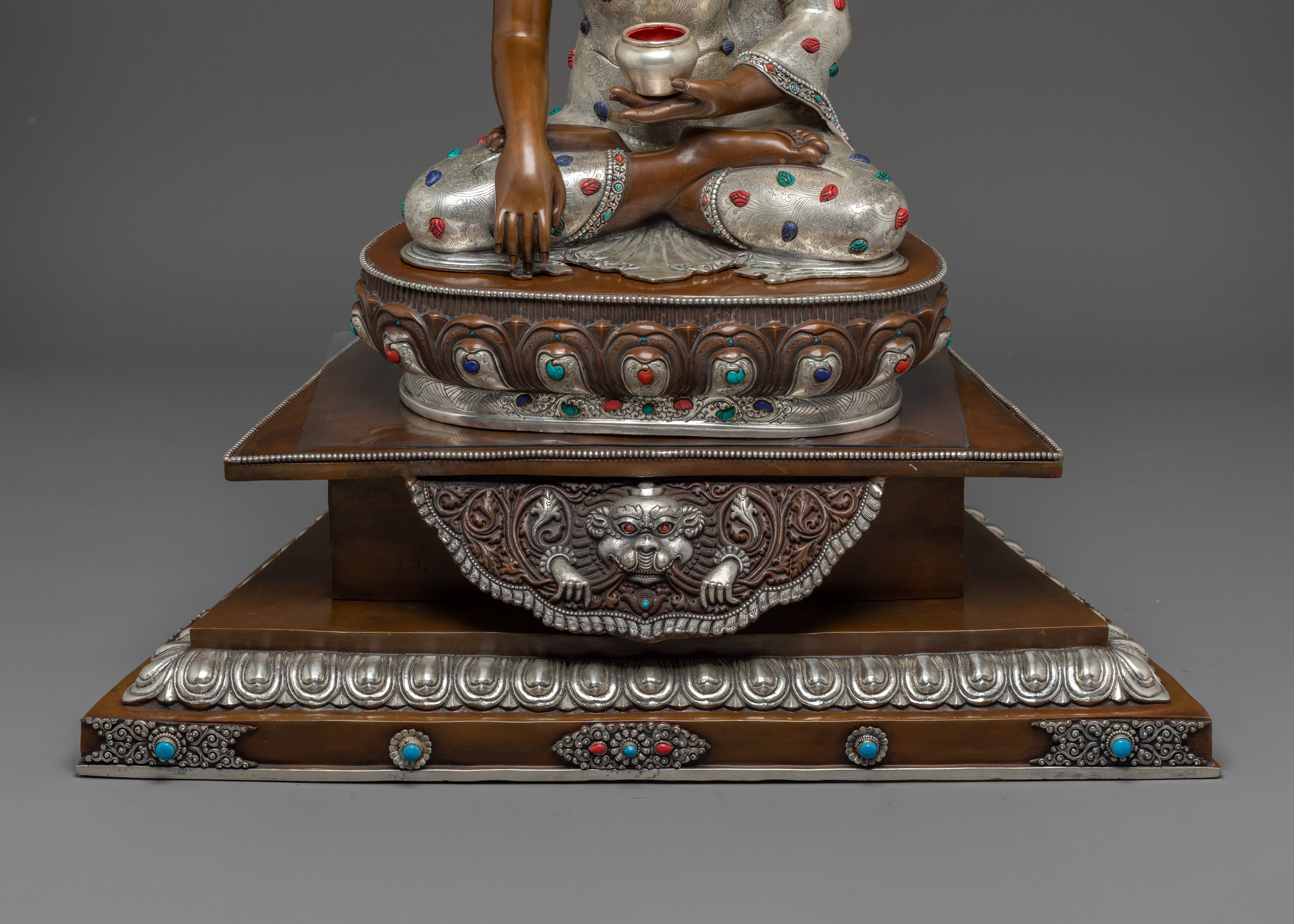 Shakyamuni Buddha Statue Seated on a Throne | Silver Plated, & Gemstone Detailing