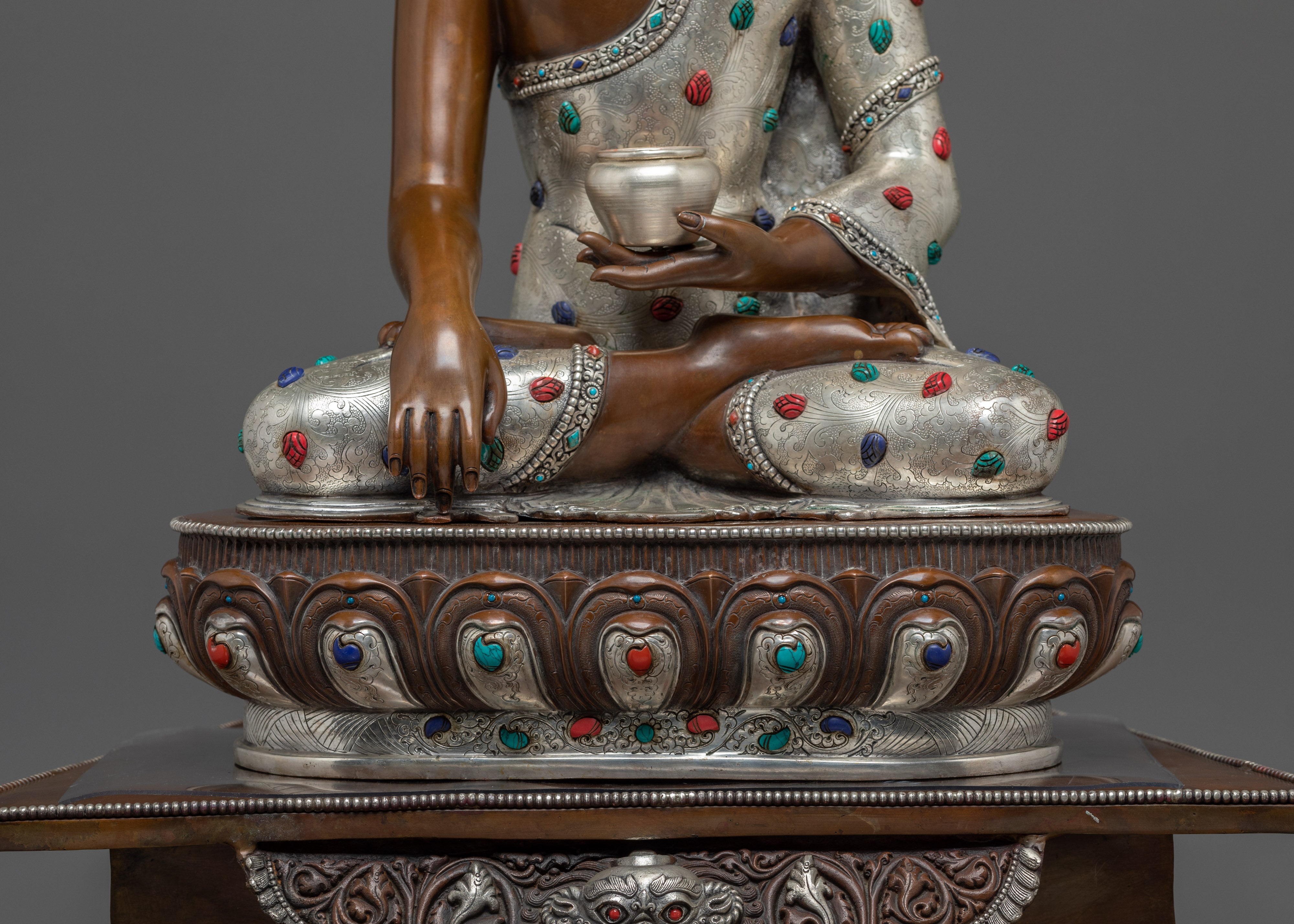Shakyamuni Buddha Statue Seated on a Throne | Silver Plated, & Gemstone Detailing