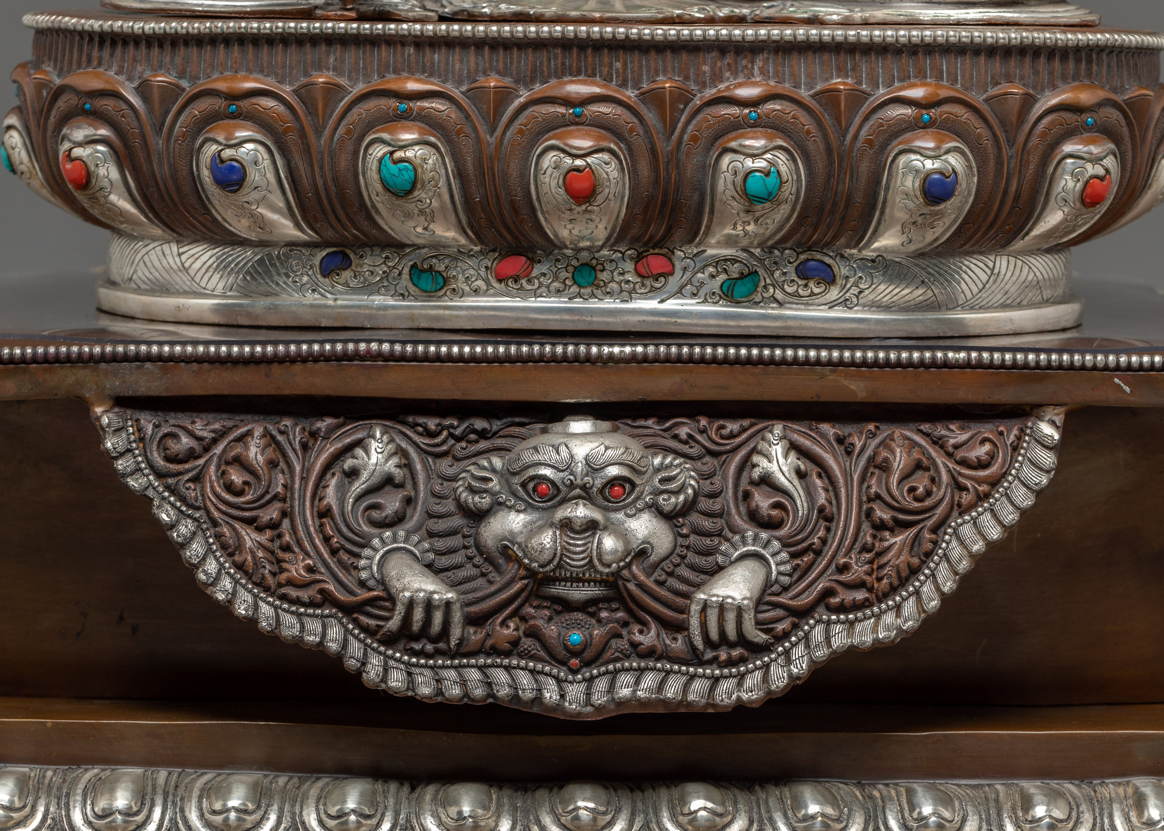 Shakyamuni Buddha Statue Seated on a Throne | Silver Plated, & Gemstone Detailing