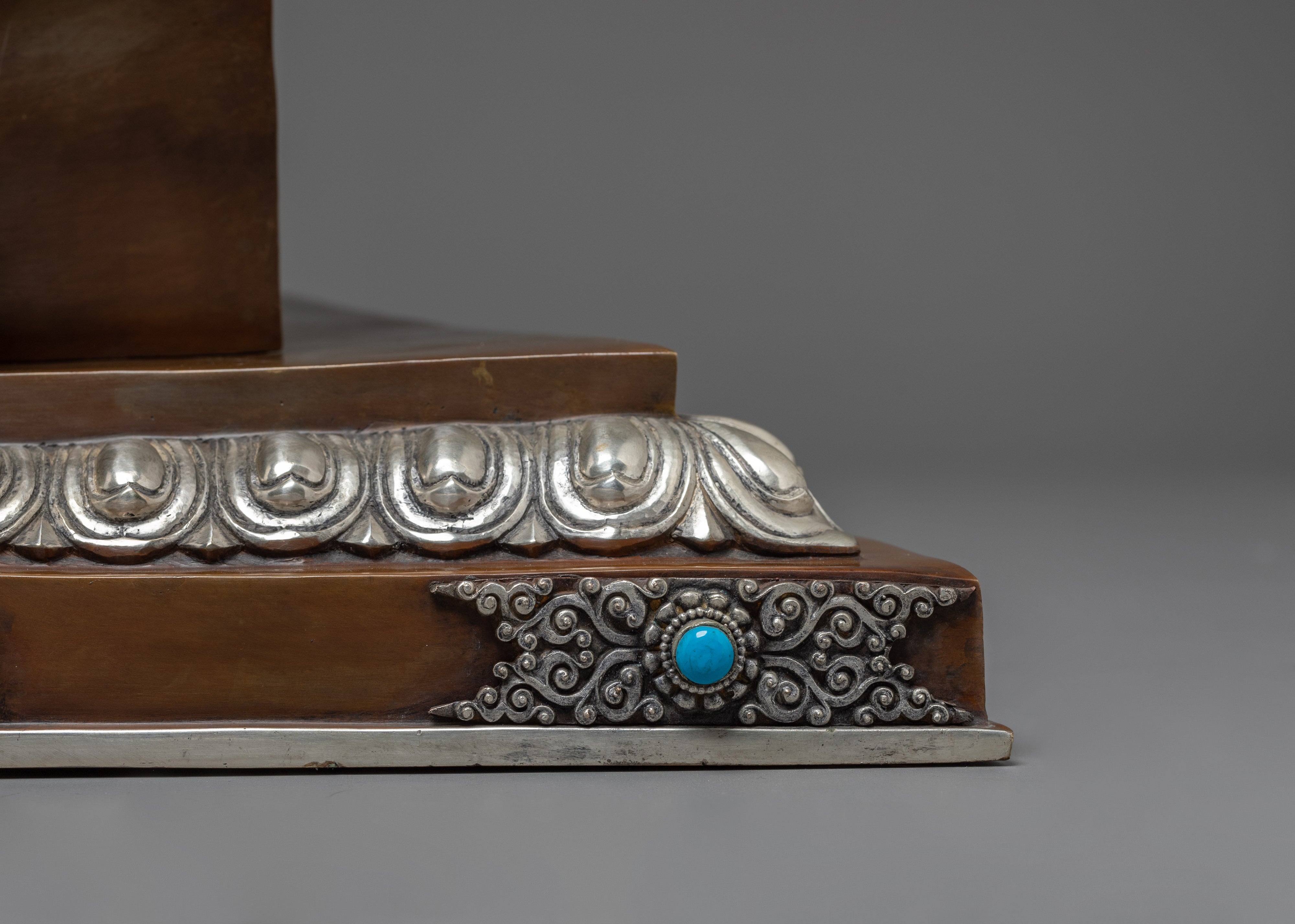 Shakyamuni Buddha Statue Seated on a Throne | Silver Plated, & Gemstone Detailing