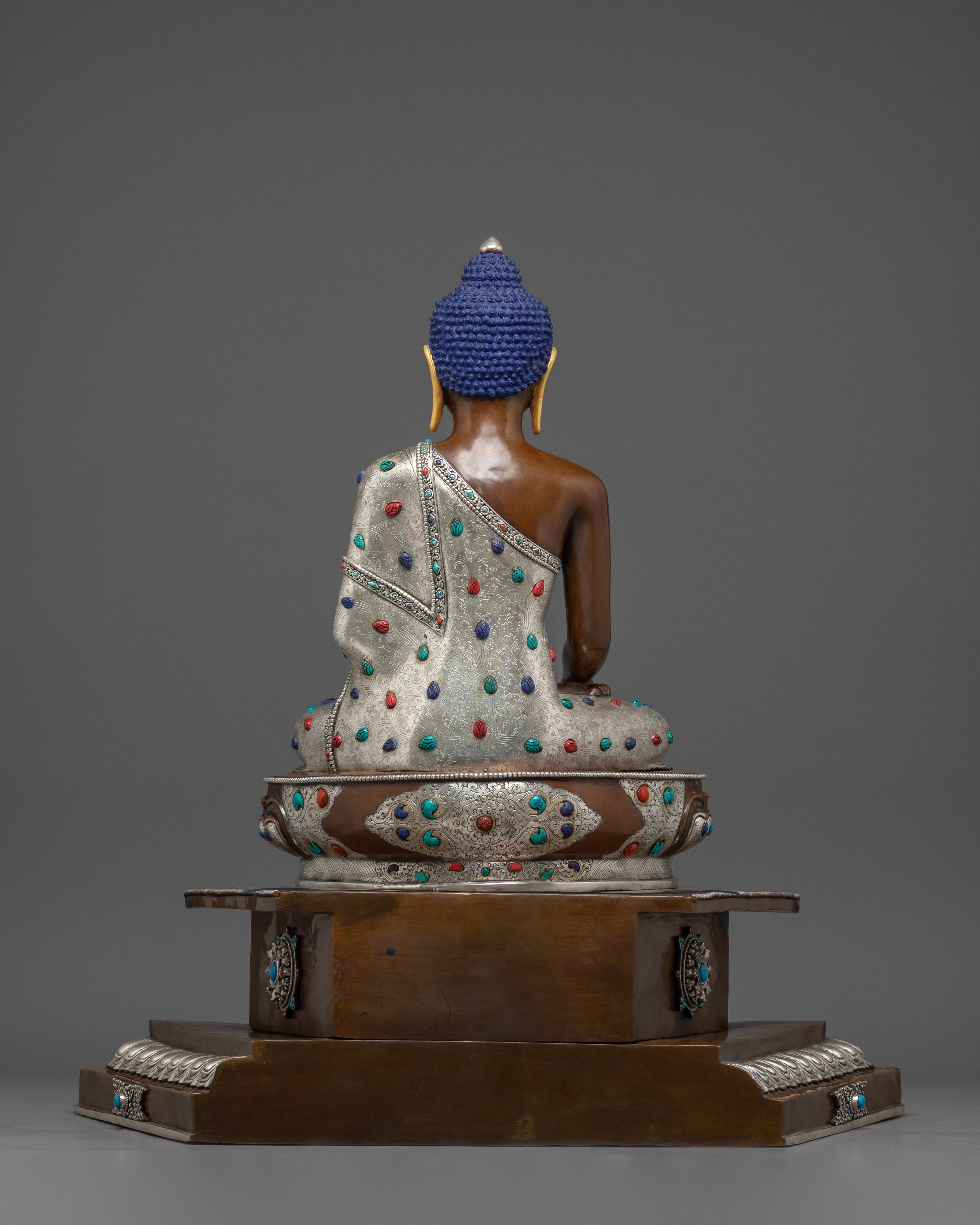 Shakyamuni Buddha with Disciples Statue Set | Copper with Gemstone & Silver Finish