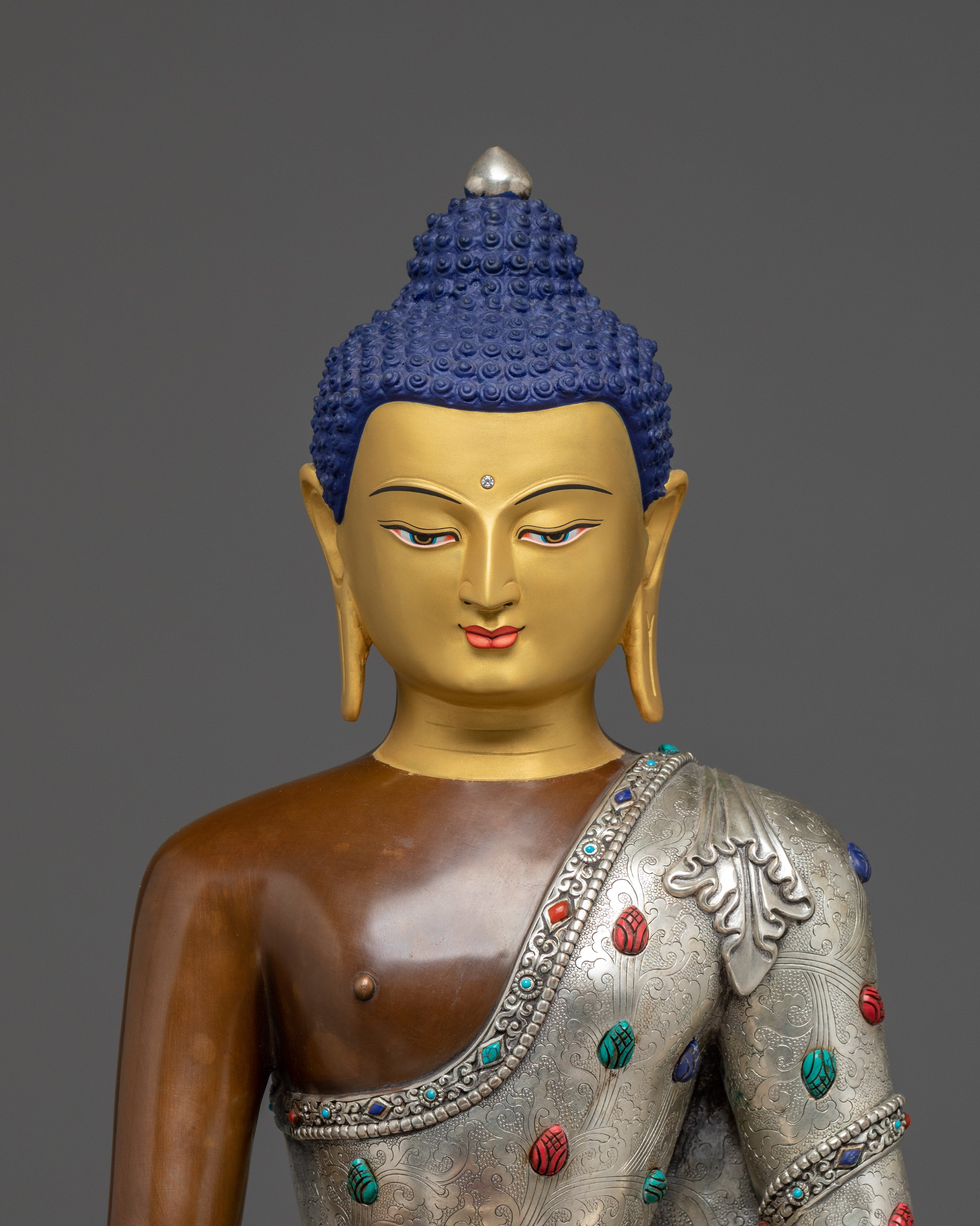 Shakyamuni Buddha with Disciples Statue Set | Copper with Gemstone & Silver Finish