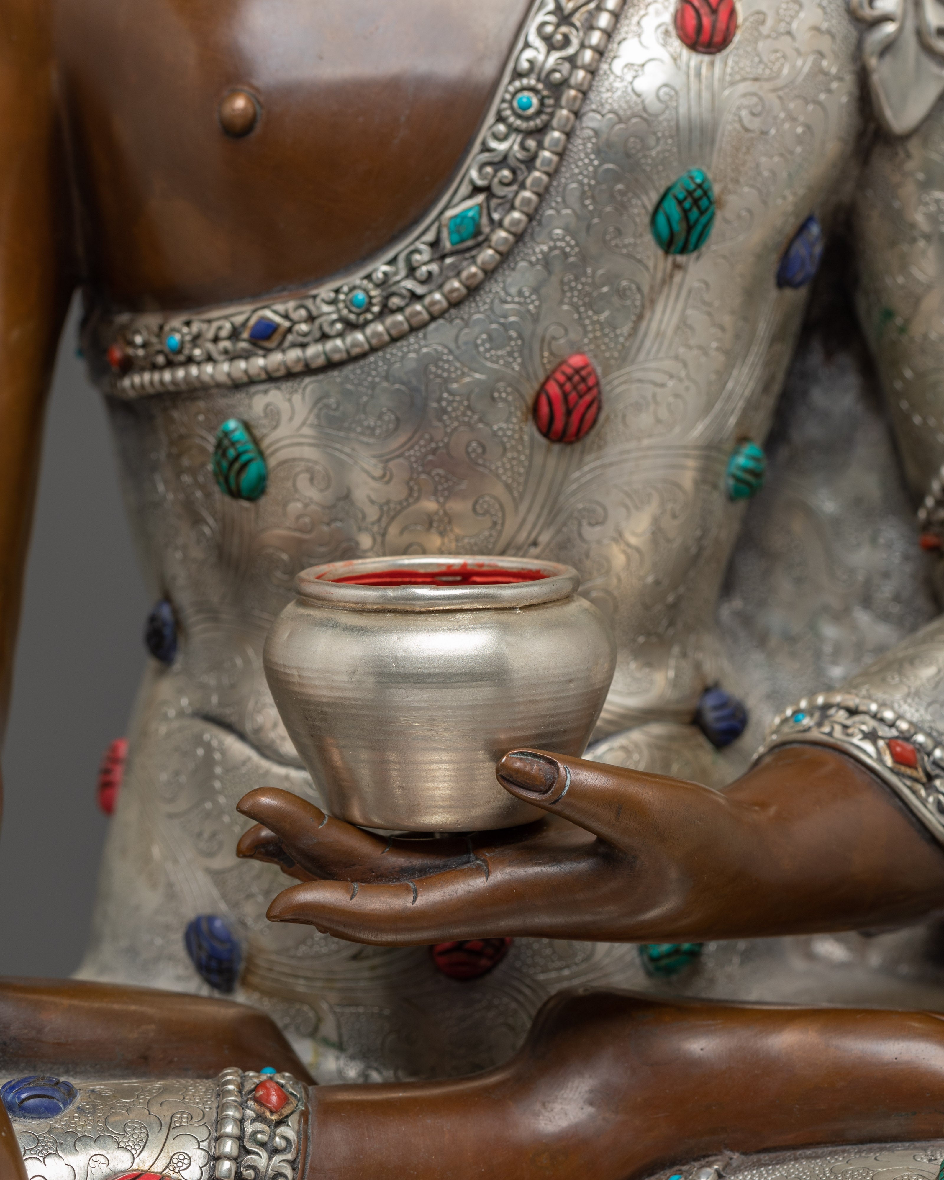 Shakyamuni Buddha with Disciples Statue Set | Copper with Gemstone & Silver Finish