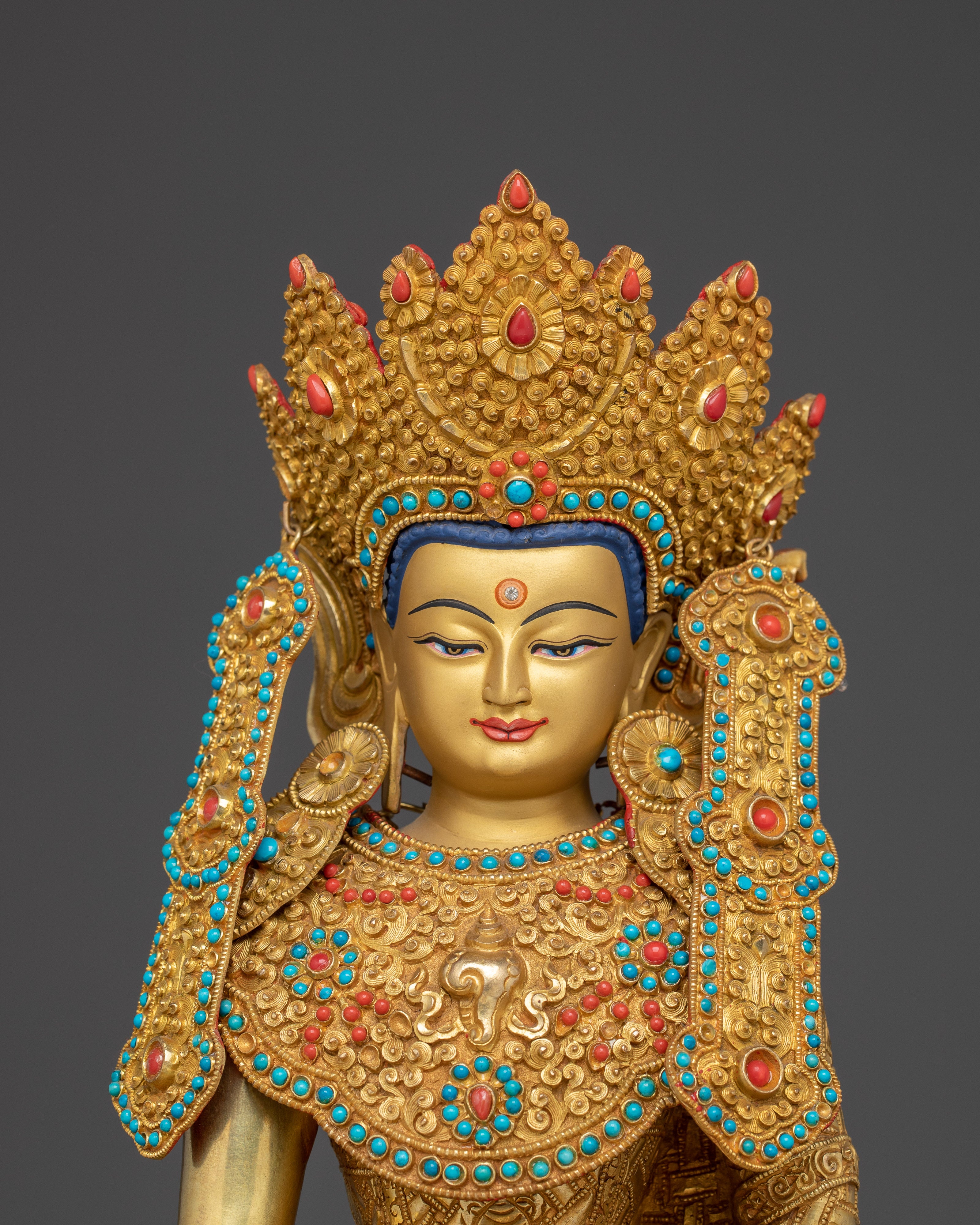 Crowned Shakyamuni Buddha Statue on Throne | Enlightened One