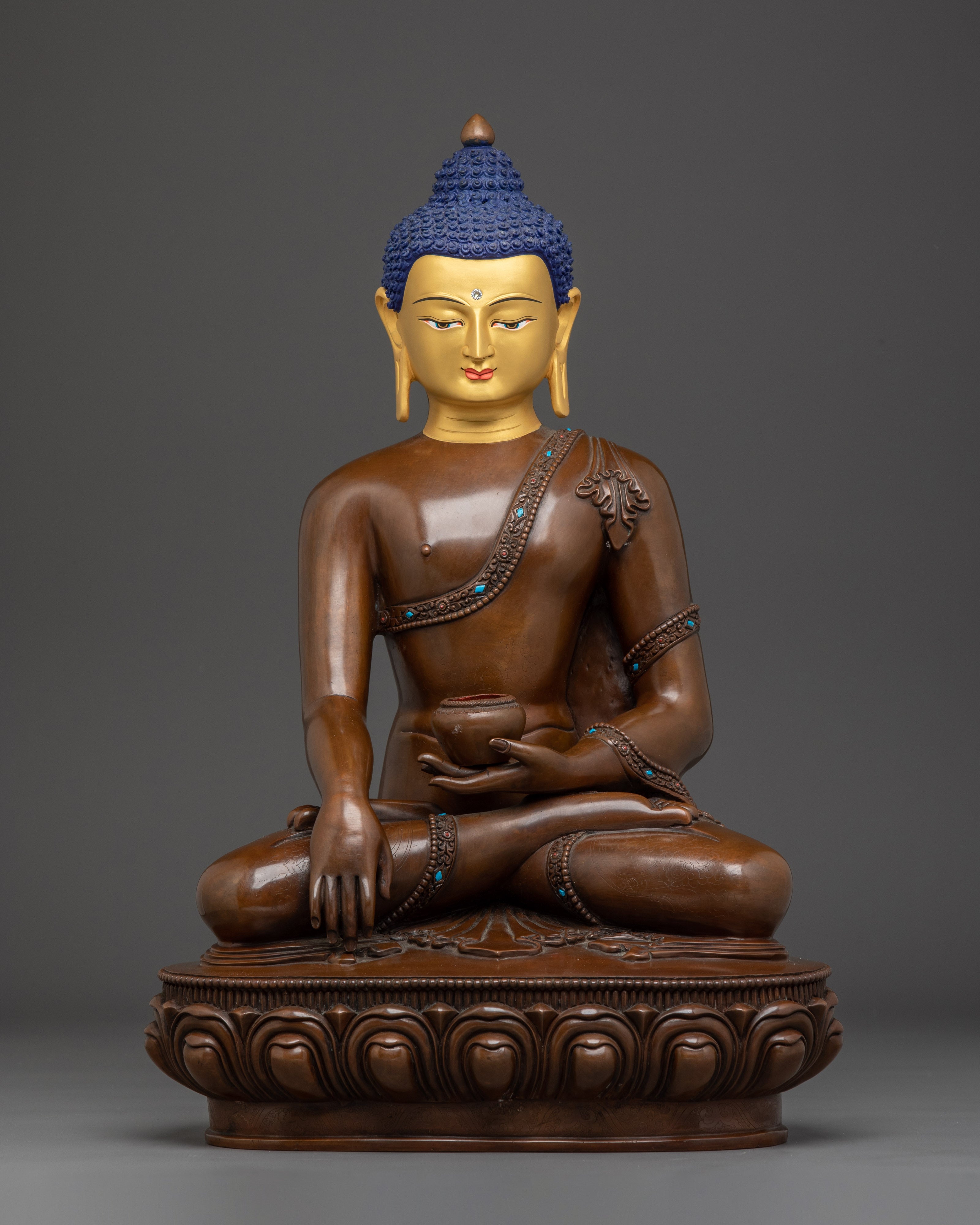 Oxidized Shakyamuni Buddha Statue on Throne | Copper & Silver Plated