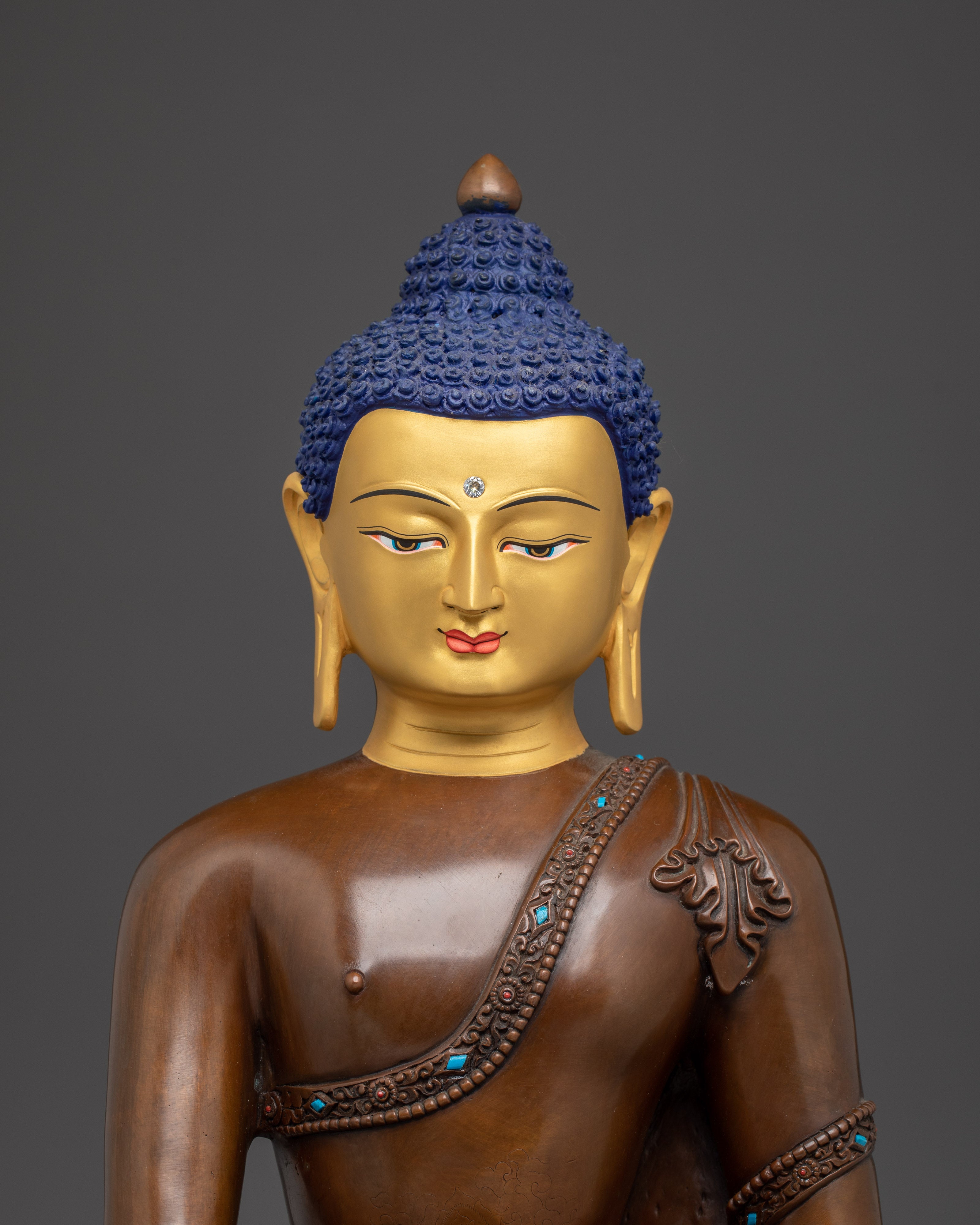 Oxidized Shakyamuni Buddha Statue on Throne | Copper & Silver Plated