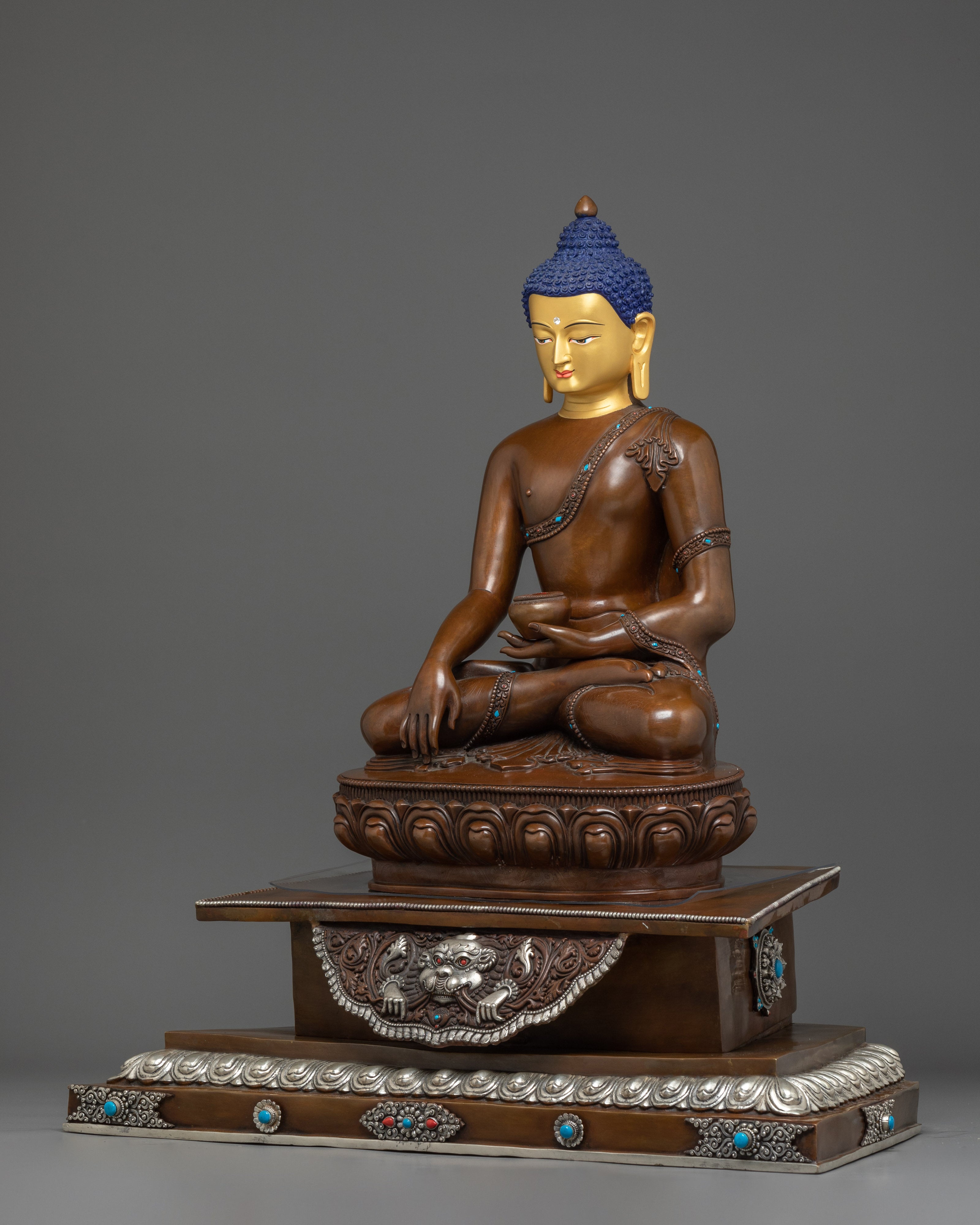 Oxidized Shakyamuni Buddha Statue on Throne | Copper & Silver Plated