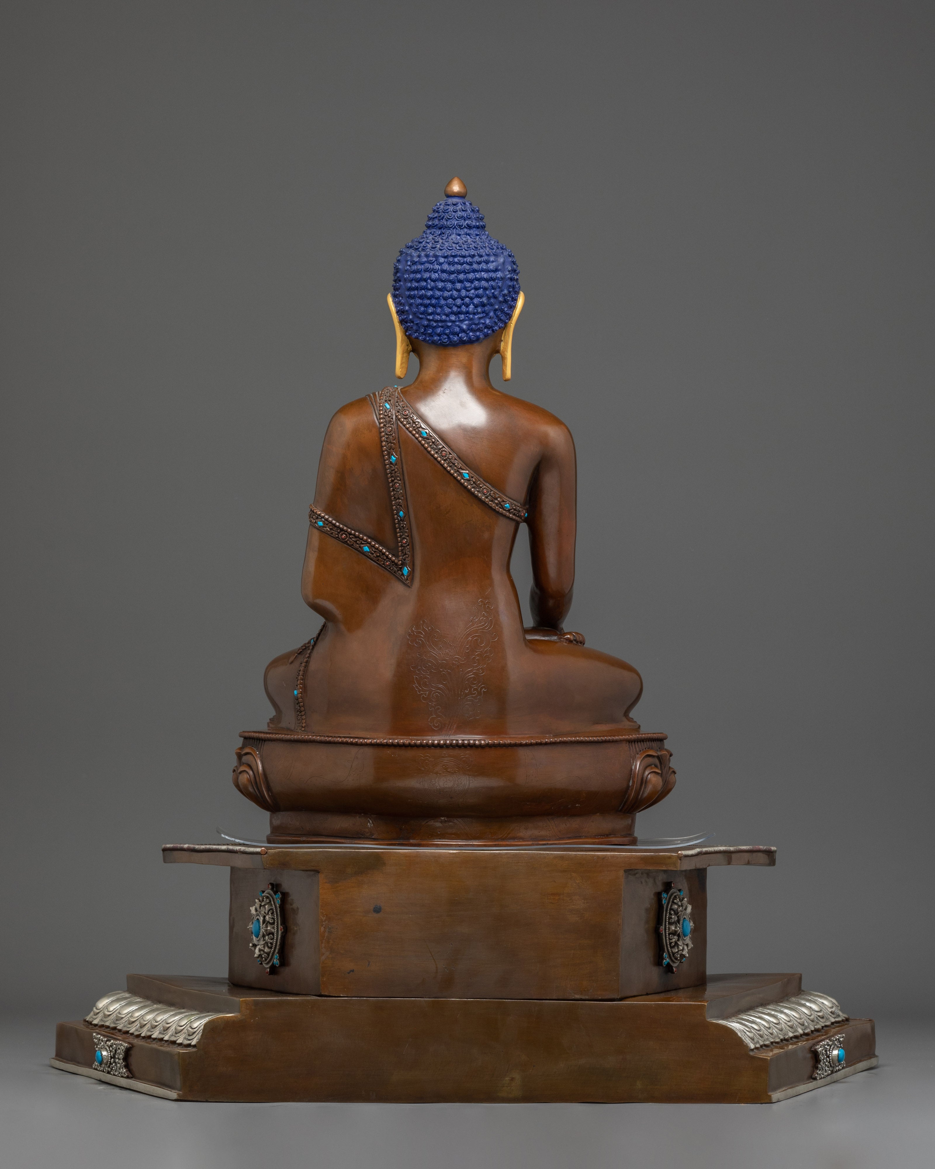 Oxidized Shakyamuni Buddha Statue on Throne | Copper & Silver Plated