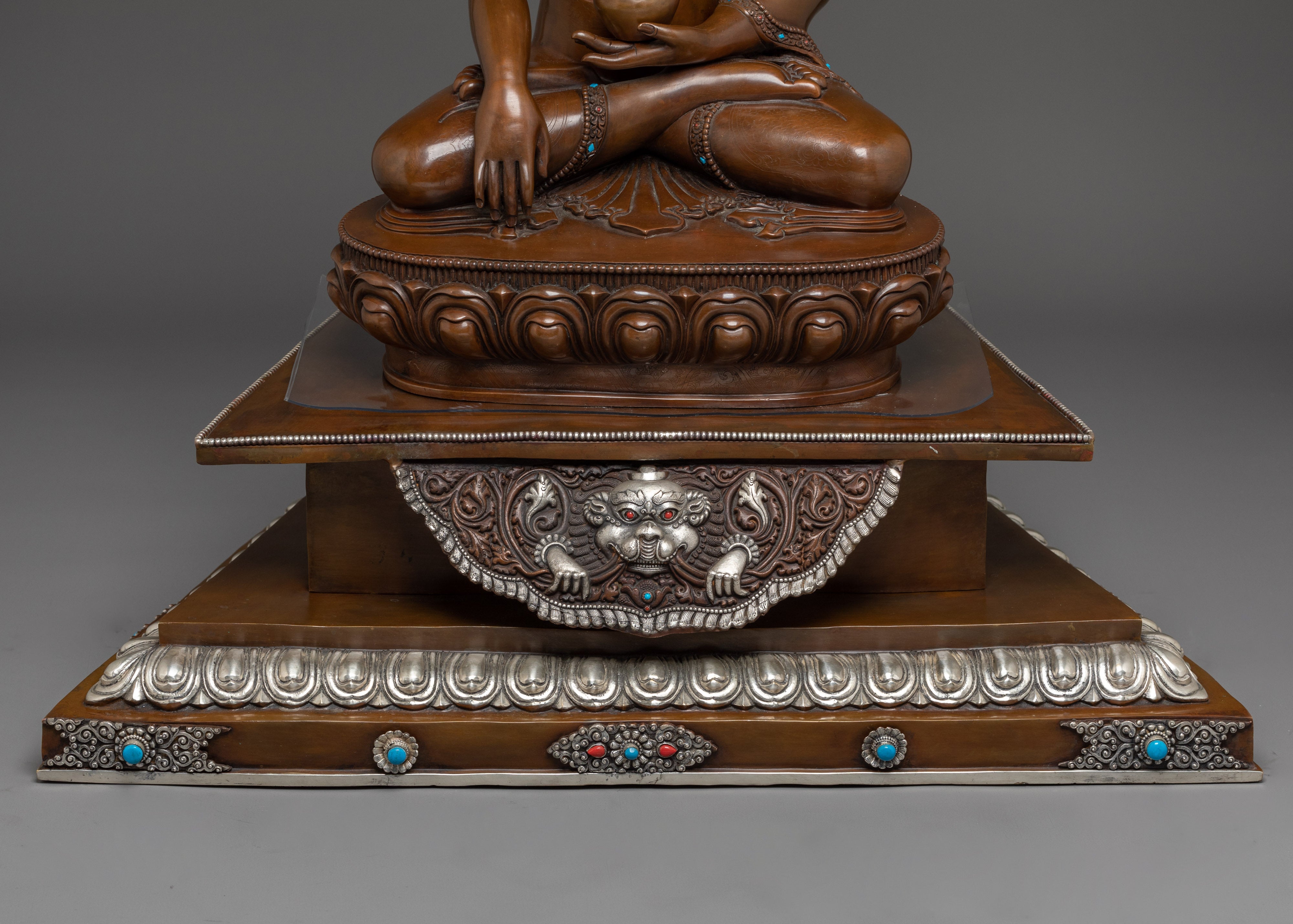 Oxidized Shakyamuni Buddha Statue on Throne | Copper & Silver Plated