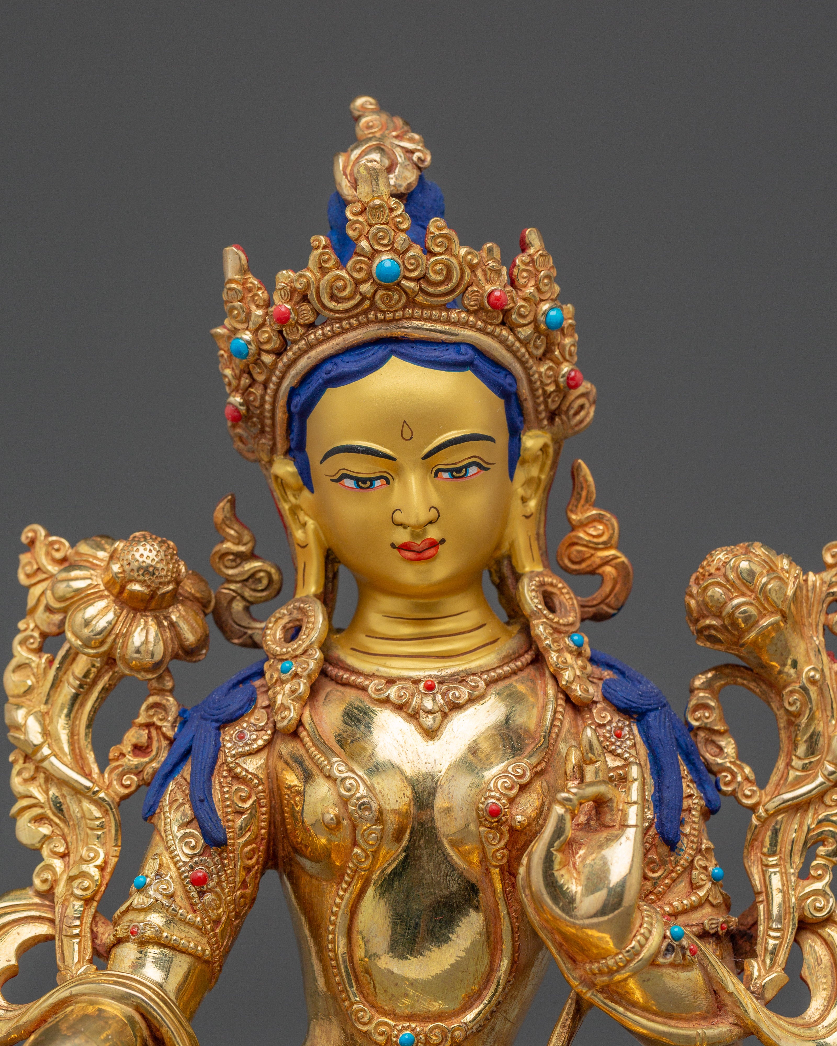 Green Tara Compassion and Protection Statue | Copper with Gold & Acrylic Finish