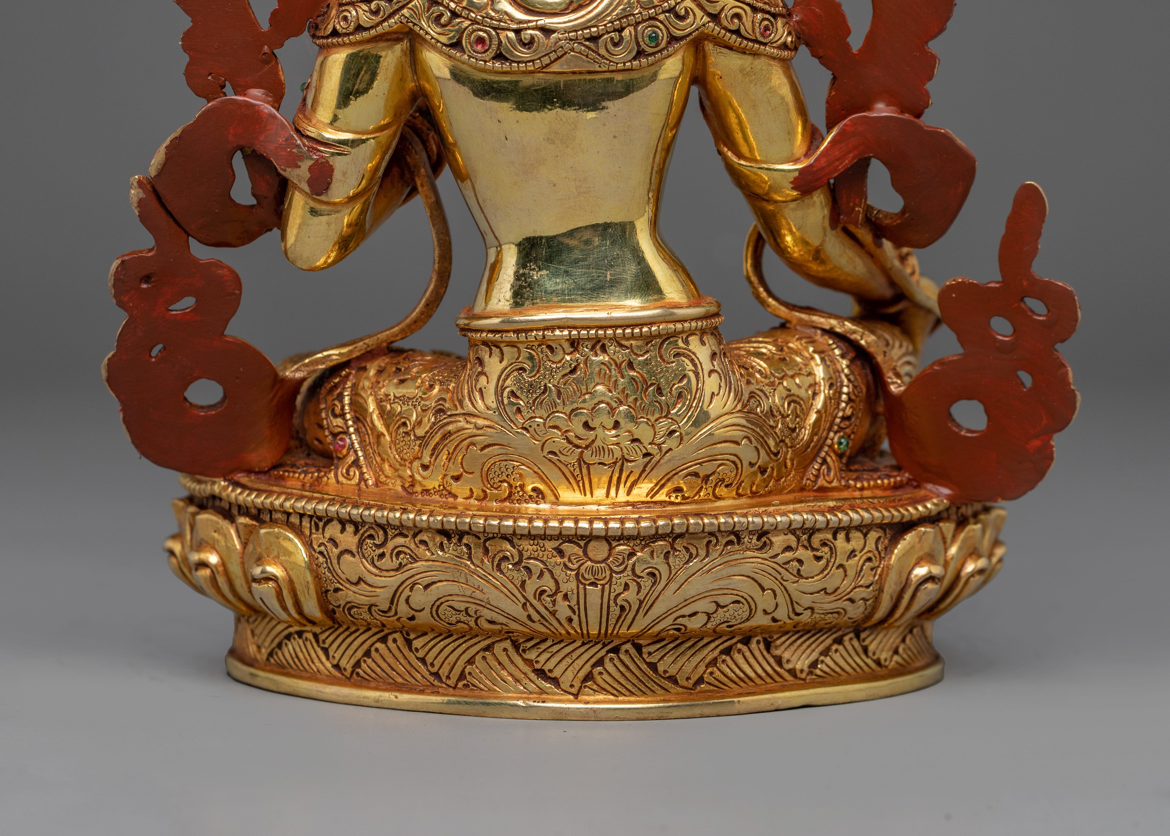 Green Tara, Lotus Seated Goddess Icon | Gold Gilded Tibetan Sculpture