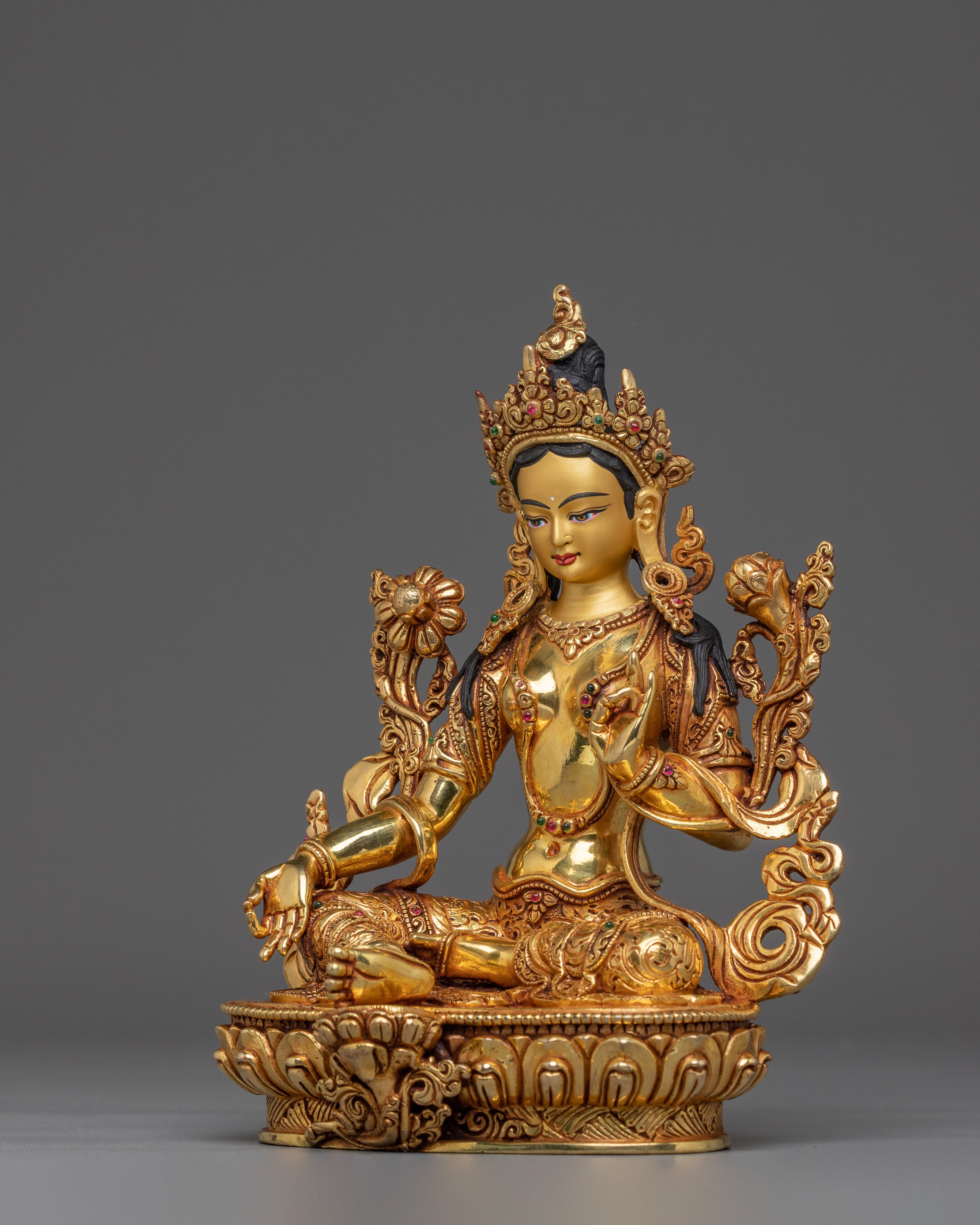 Green Tara, Lotus Seated Goddess Icon | Gold Gilded Tibetan Sculpture