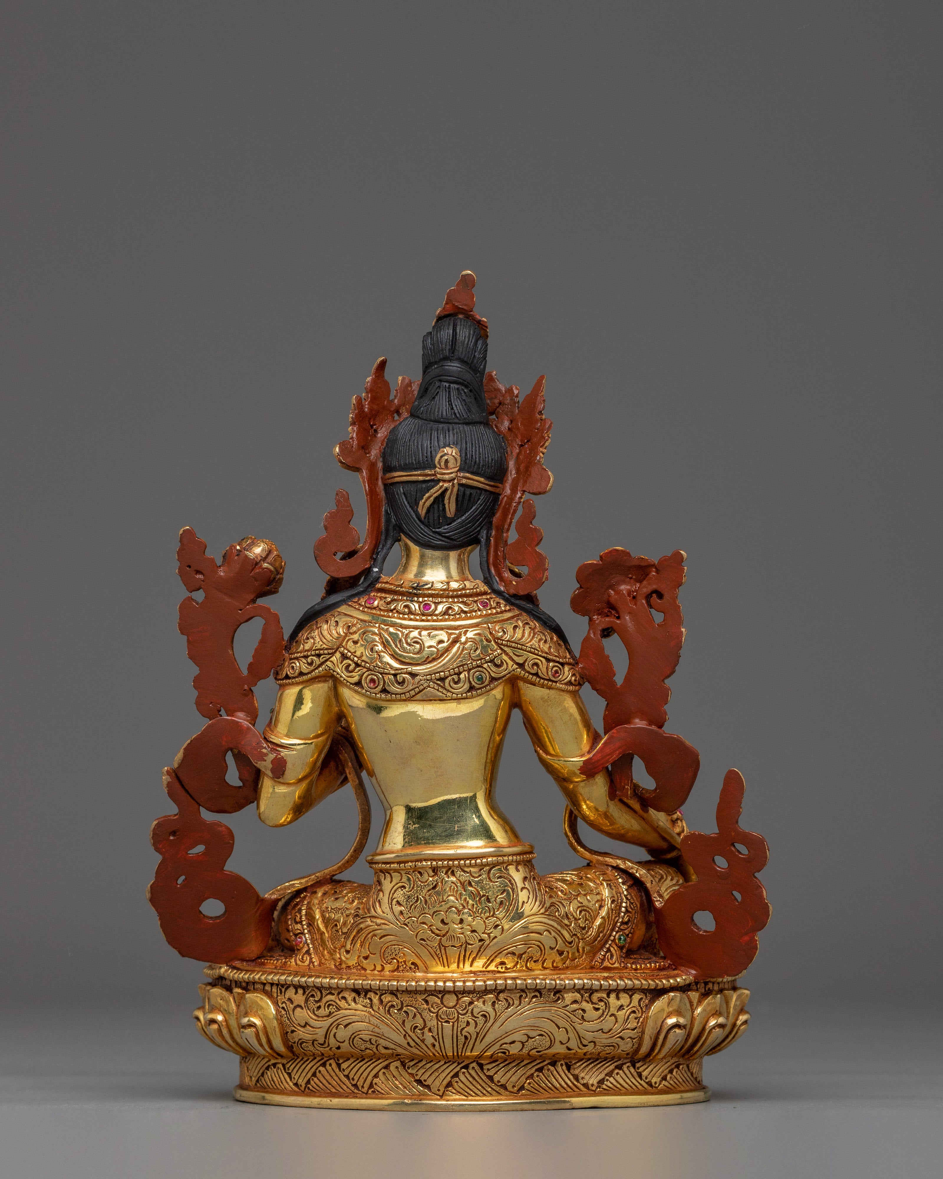 Green Tara, Lotus Seated Goddess Icon | Gold Gilded Tibetan Sculpture