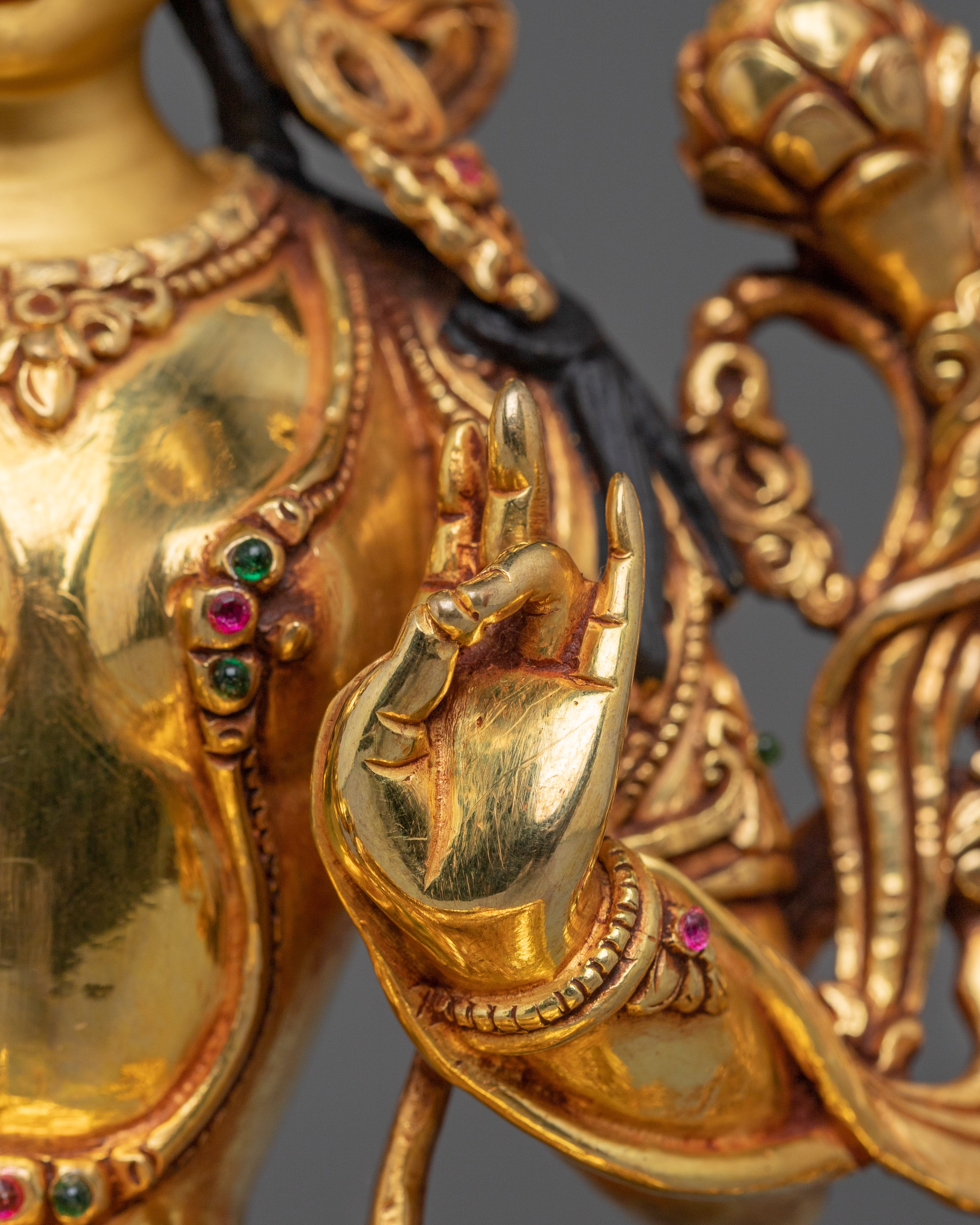 Green Tara, Lotus Seated Goddess Icon | Gold Gilded Tibetan Sculpture