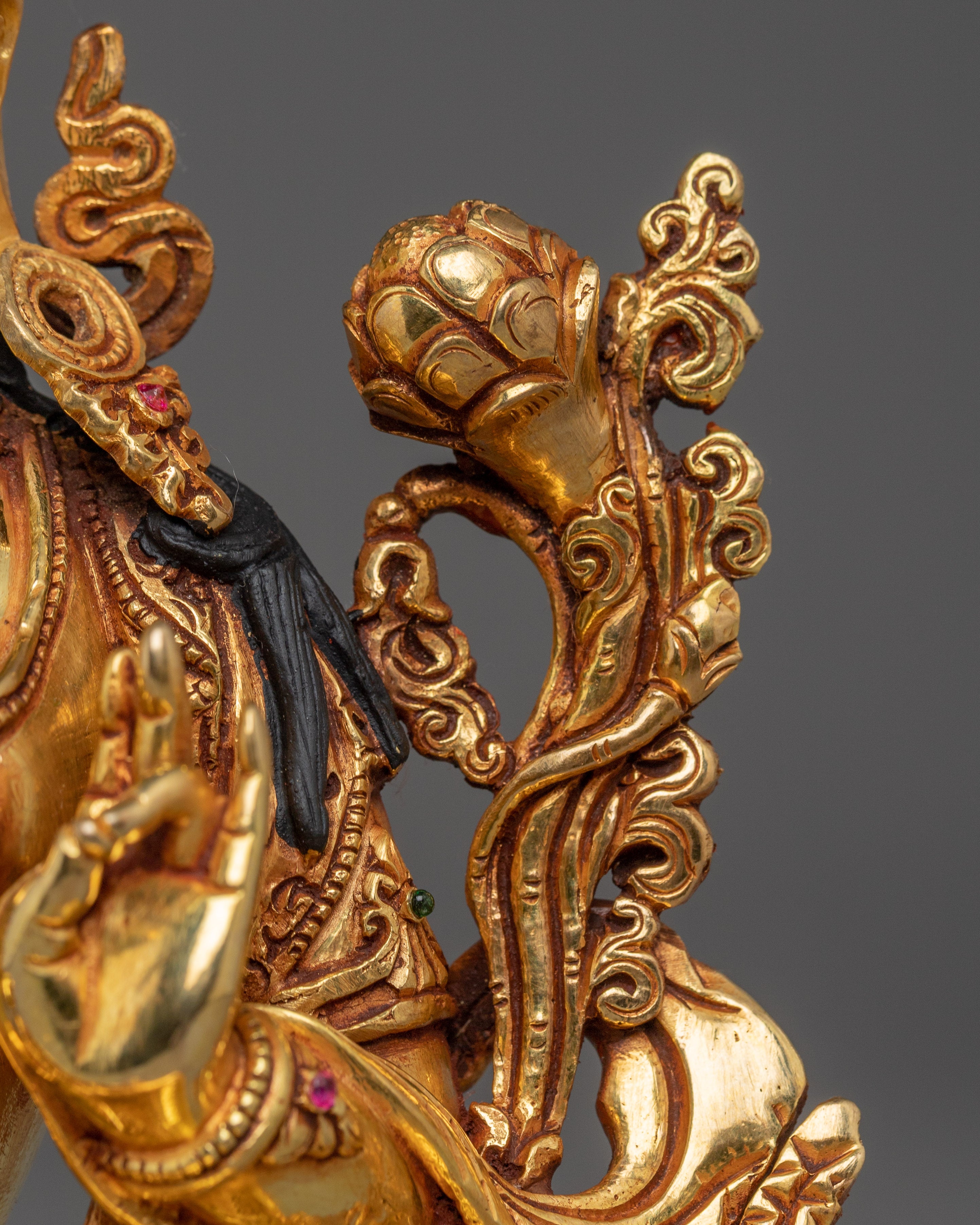 Green Tara, Lotus Seated Goddess Icon | Gold Gilded Tibetan Sculpture