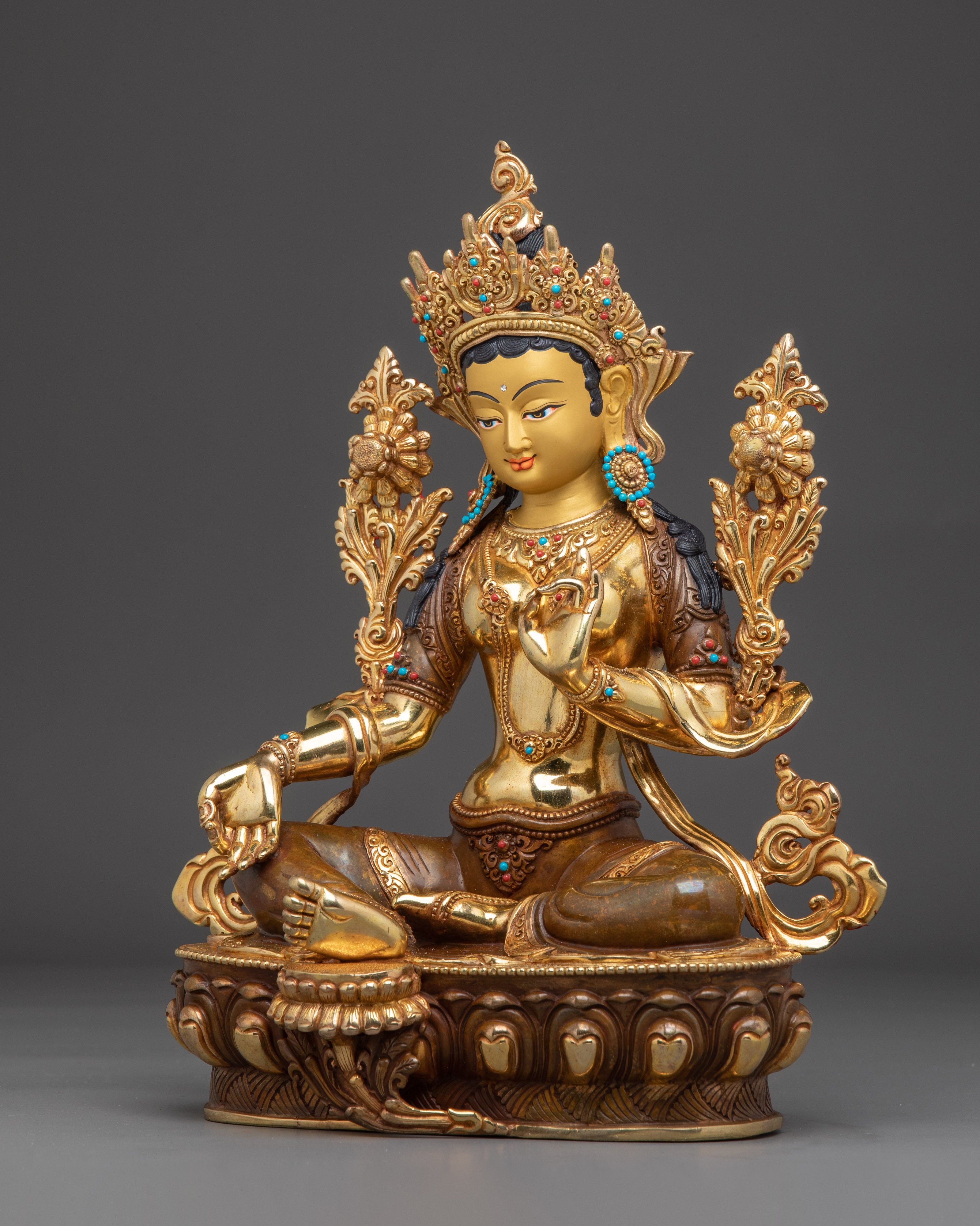 Green Tara, Lotus Seated Deity | Handcrafted Nepali Sculpture
