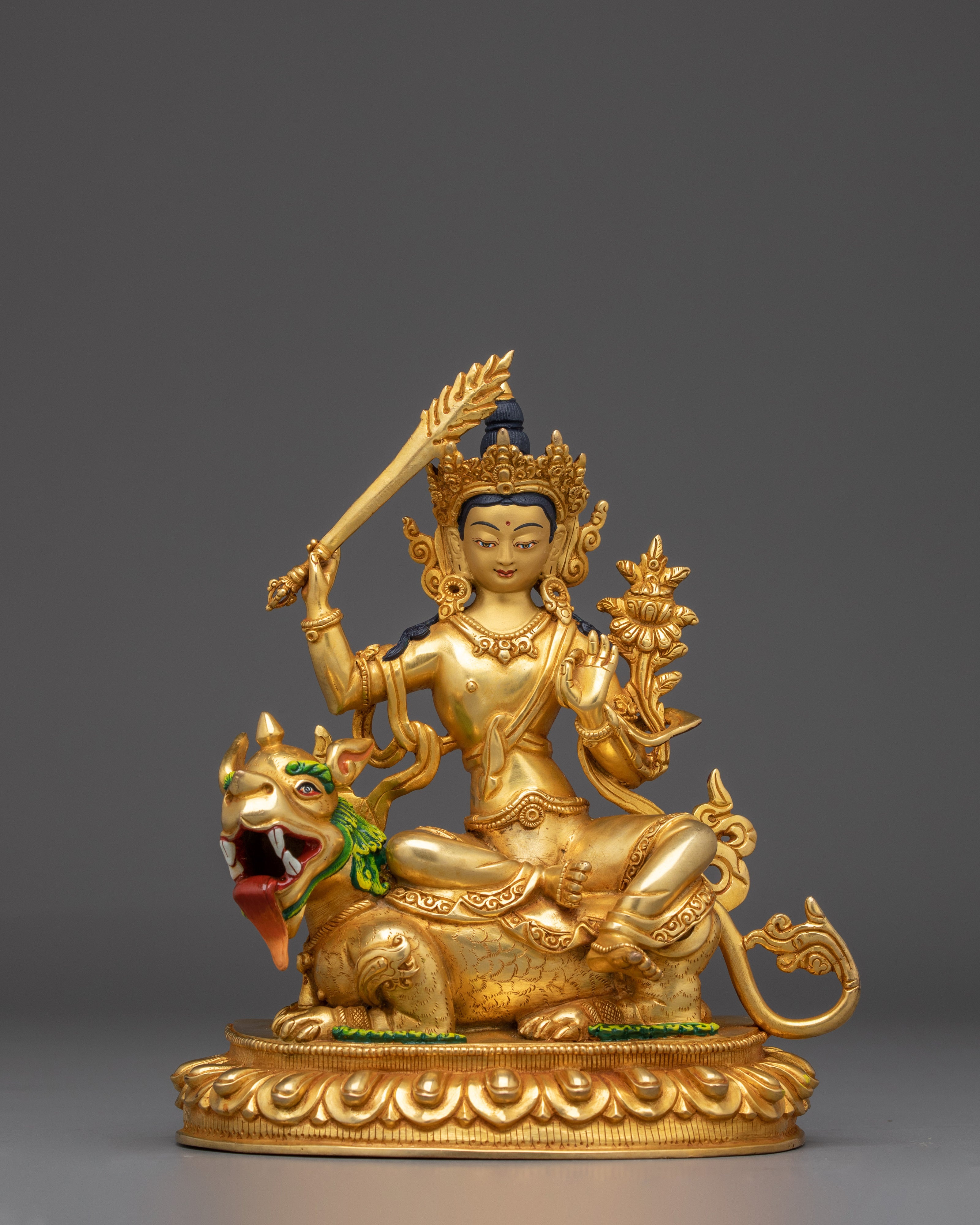 Golden Simhanada Manjushri Statue | Supreme Wisdom Bodhisattva
