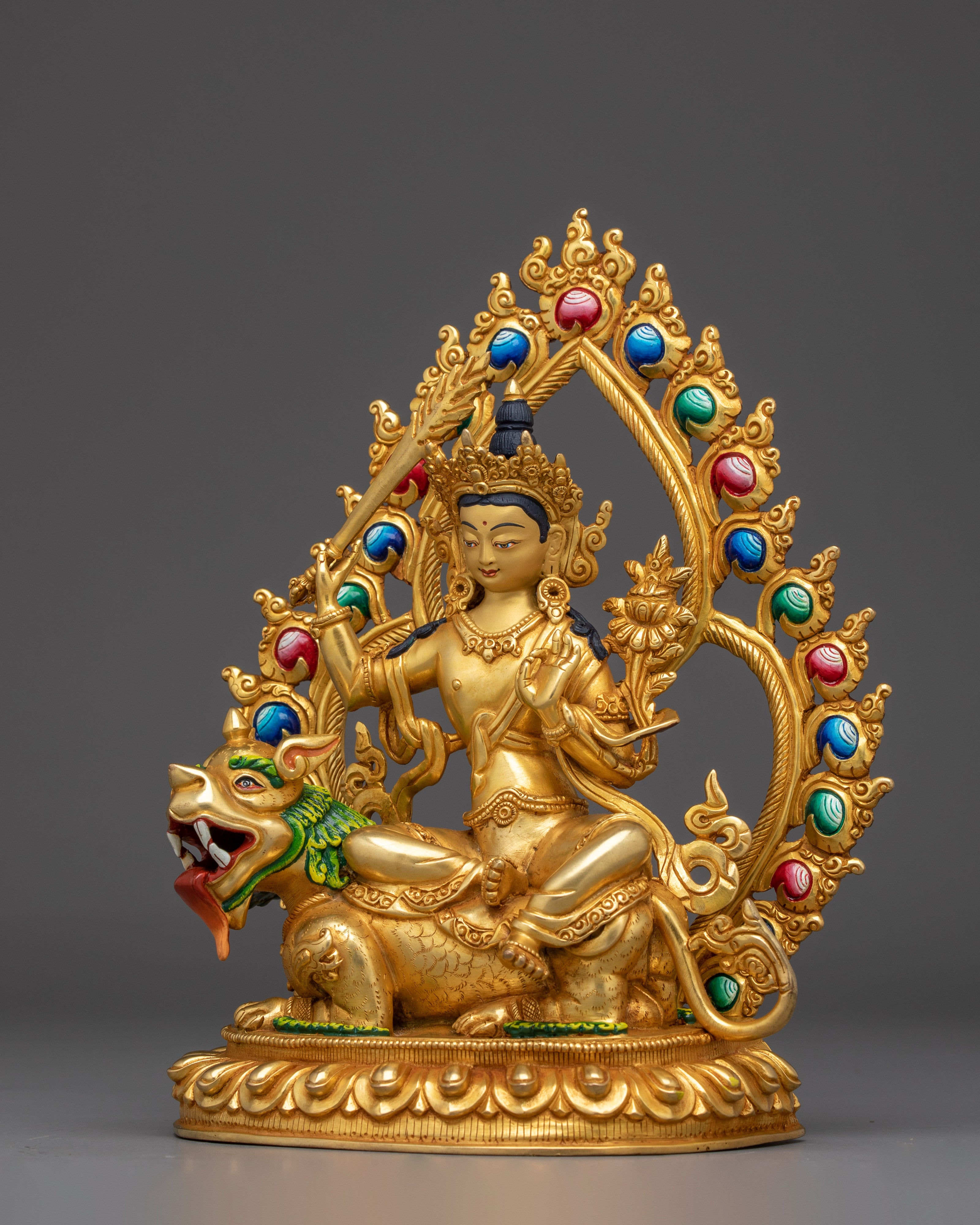 Golden Simhanada Manjushri Statue | Supreme Wisdom Bodhisattva
